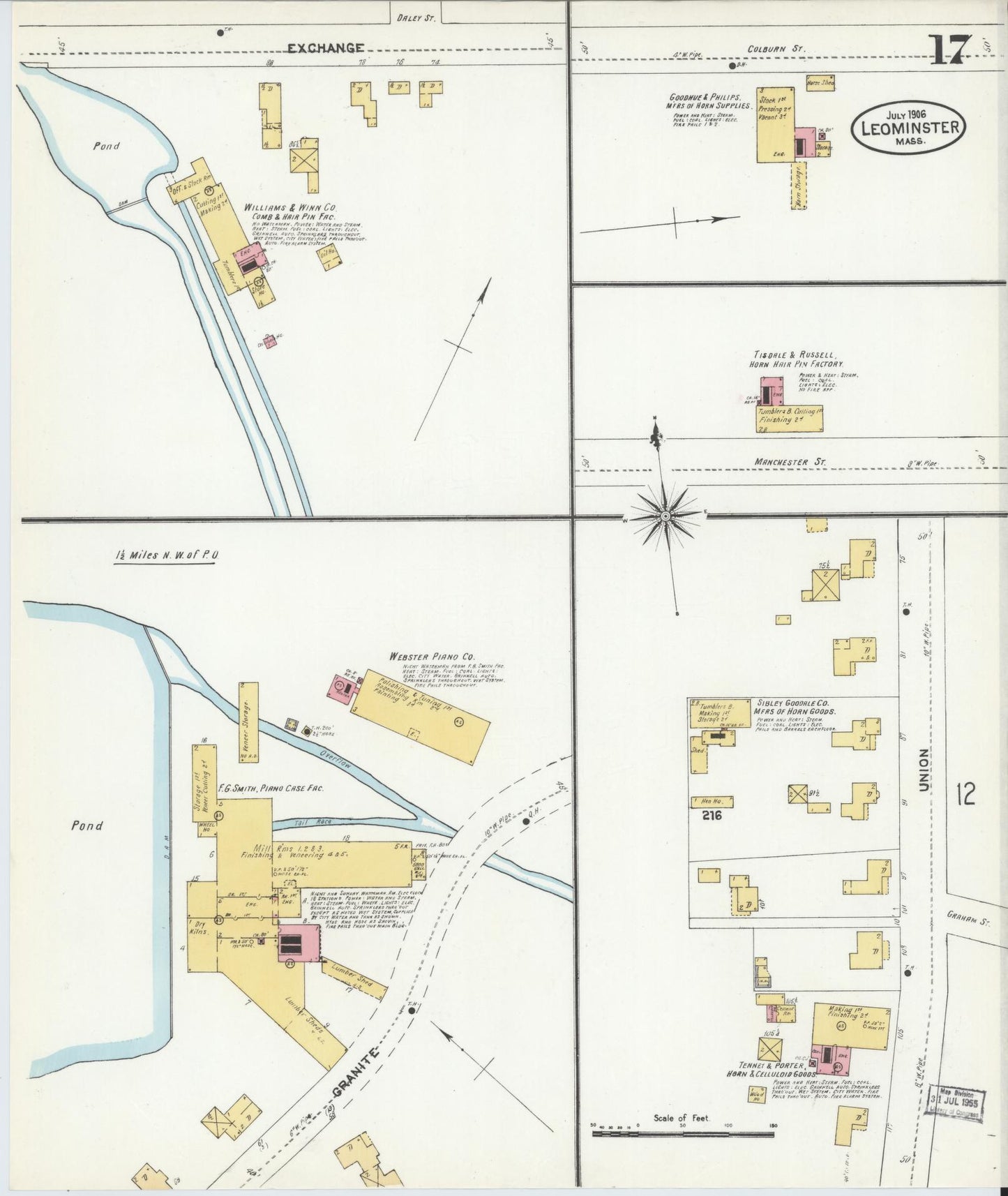 Sanborn Fire Insurance Map from Leominster, Worcester County, Massachusetts (1906), Sheet #0017 - Complete Map Set gallery image, historic Sanborn map, vintage wall art, Massachusetts Massachusetts