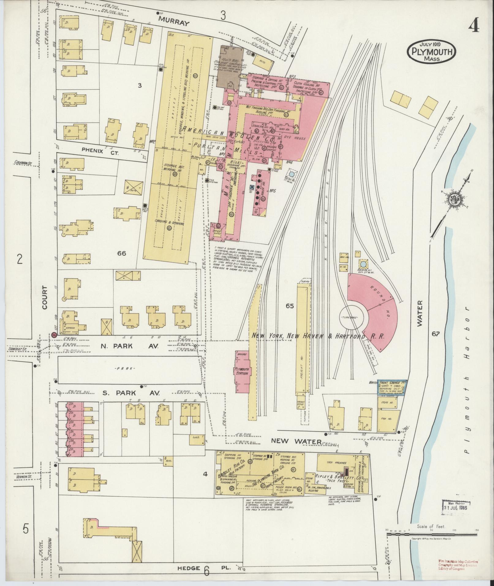 Sanborn Fire Insurance Map from Plymouth, Plymouth County, Massachusetts (1919), Sheet #0004 - Complete Map Set gallery image, historic Sanborn map, vintage wall art, Massachusetts Massachusetts