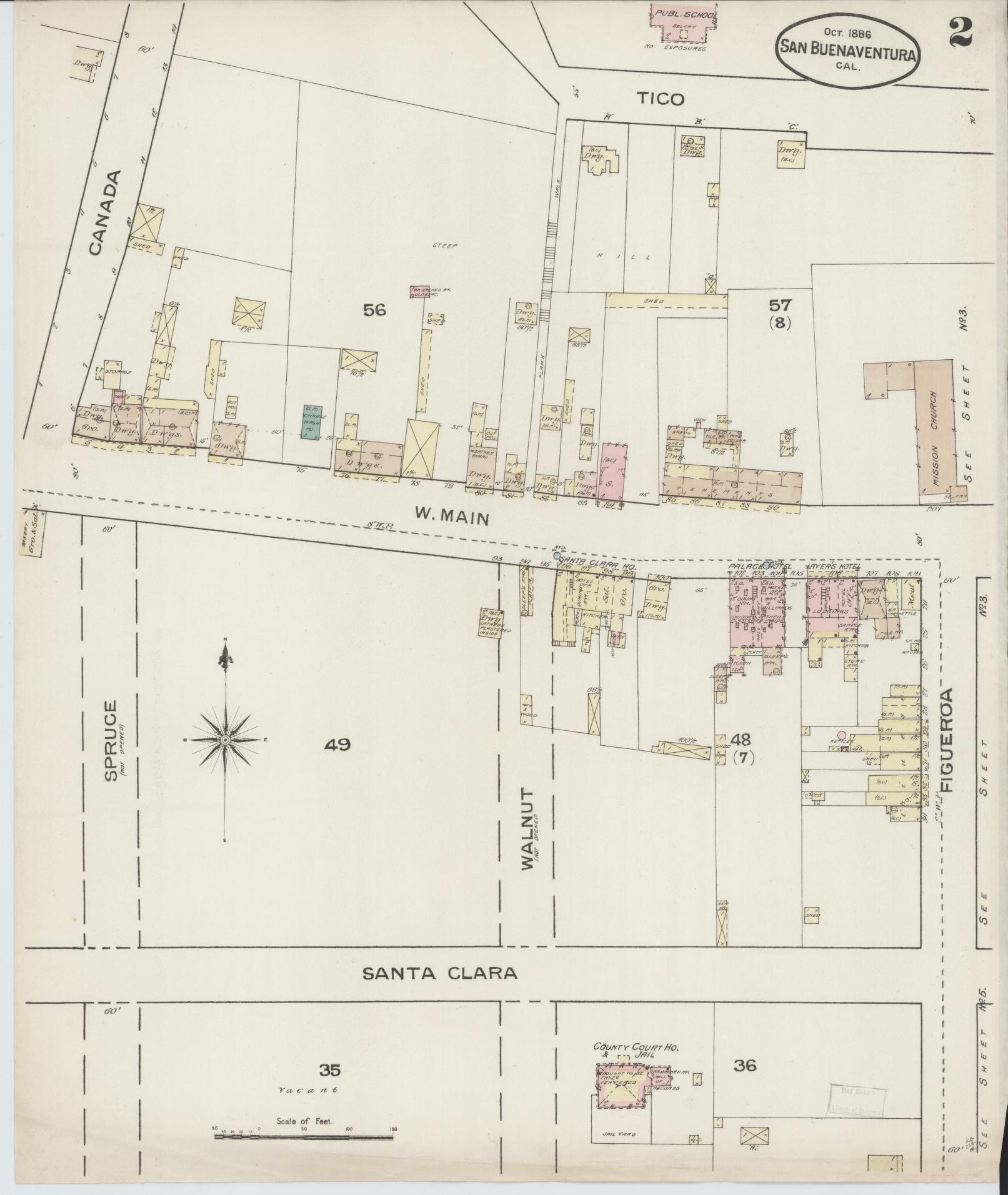 Sanborn Fire Insurance Map from San Buenaventura, Ventura County, California (1886), Sheet #0002 - Complete Map Set gallery image, historic Sanborn map, vintage wall art, California California