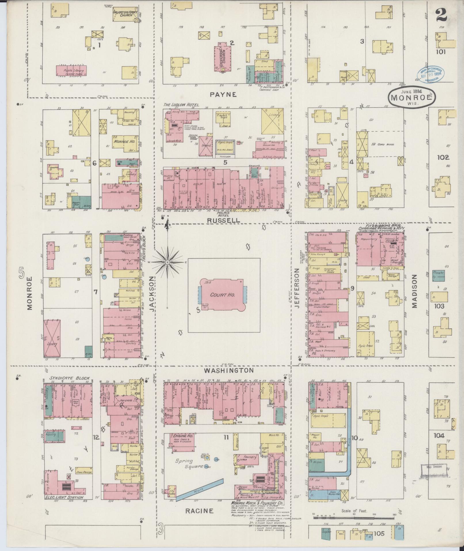 Sanborn Fire Insurance Map from Monroe, Green County, Wisconsin (1894), Sheet #0002 - Complete Map Set gallery image, historic Sanborn map, vintage wall art, Wisconsin Wisconsin
