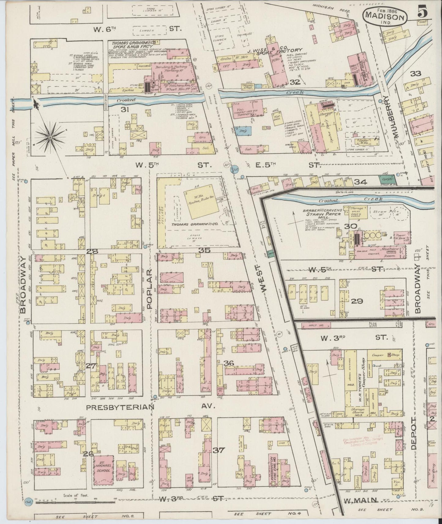 Sanborn Fire Insurance Map from Madison, Jefferson County, Indiana (1886), Sheet #0005 - Complete Map Set gallery image, historic Sanborn map, vintage wall art, Indiana Indiana