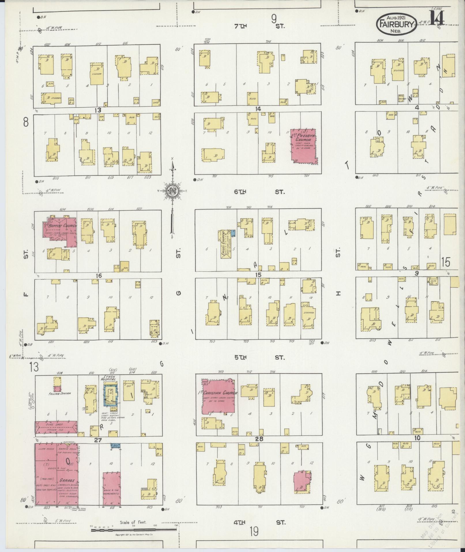 Sanborn Fire Insurance Map from Fairbury, Jefferson County, Nebraska (1921), Sheet #0014 - Historic Sanborn Fire Insurance Map Print, vintage old map wall art, antique decor, genealogy gift, Nebraska Nebraska map