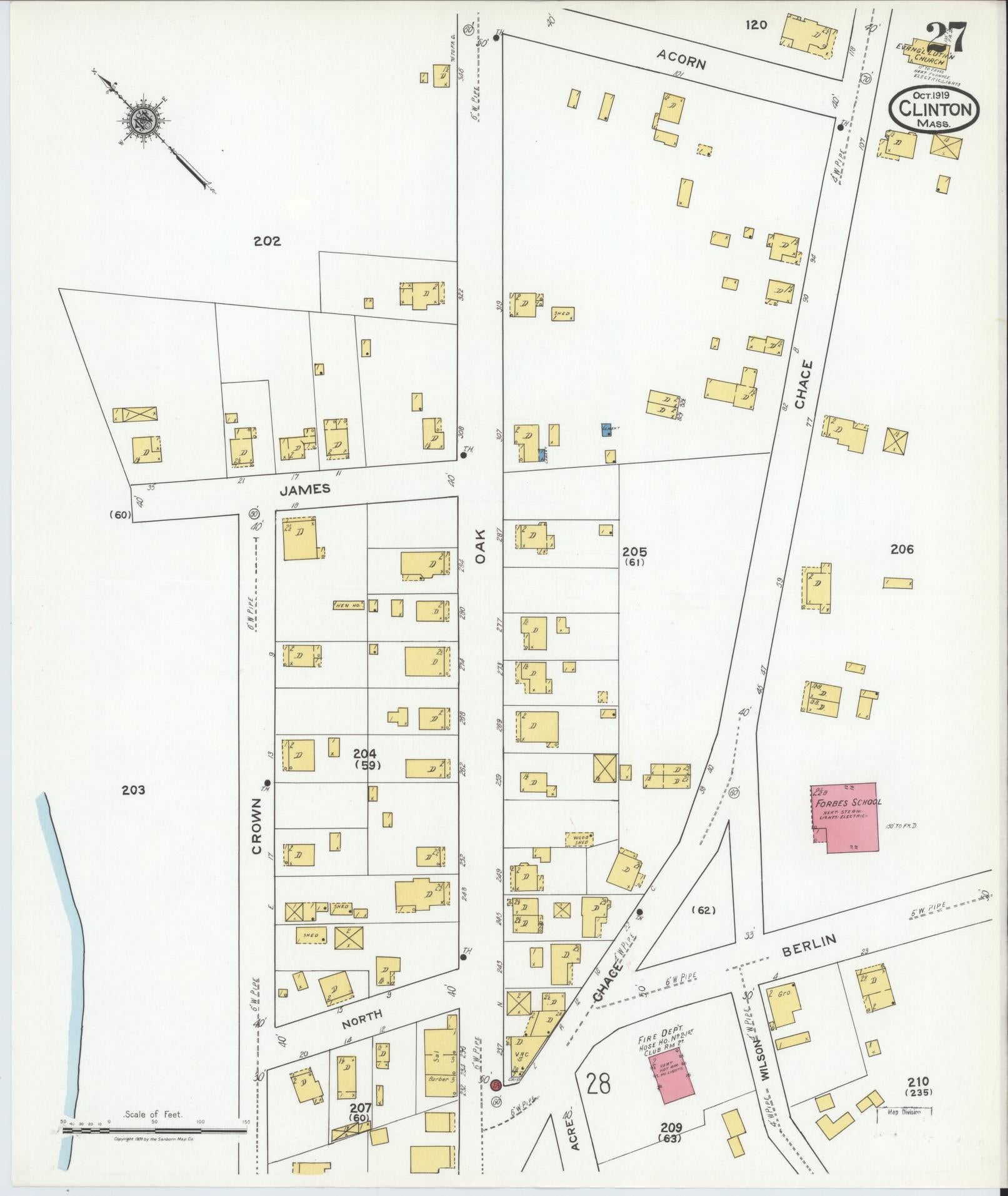 Sanborn Fire Insurance Map from Clinton, Worcester County, Massachusetts (1919), Sheet #0027 - Historic Sanborn Fire Insurance Map Print, vintage old map wall art, antique decor, genealogy gift, Massachusetts Massachusetts map
