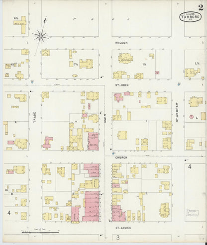 Sanborn Fire Insurance Map from Tarboro, Edgecombe County, North Carolina (1896), Sheet #0002 - Historic Sanborn Fire Insurance Map Print, vintage old map wall art, antique decor, genealogy gift, North Carolina North Carolina map