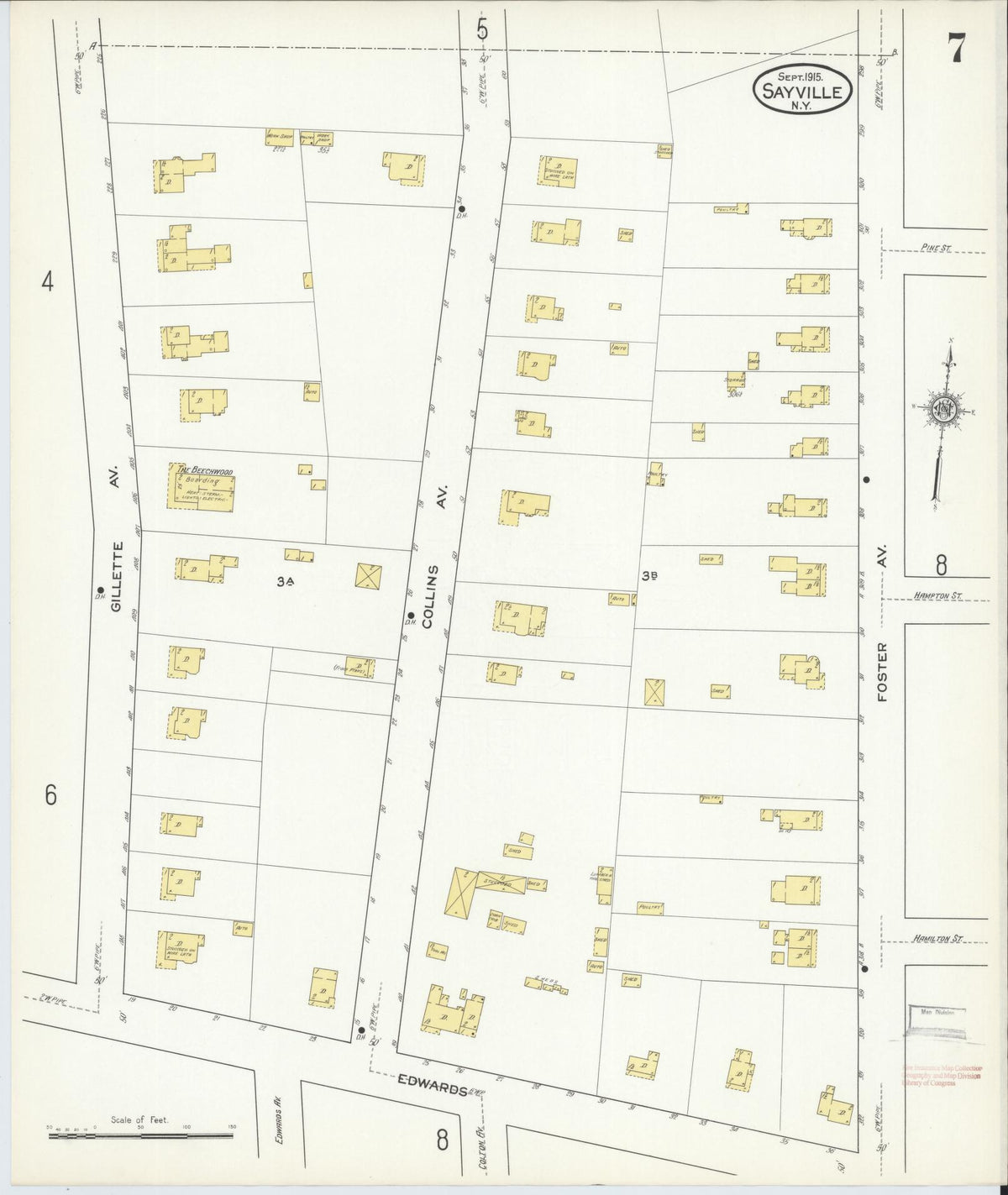Sanborn Fire Insurance Map from Sayville, Suffolk County, New York (1915), Sheet #0007 - Historic Sanborn Fire Insurance Map Print, vintage old map wall art, antique decor, genealogy gift, New York New York map
