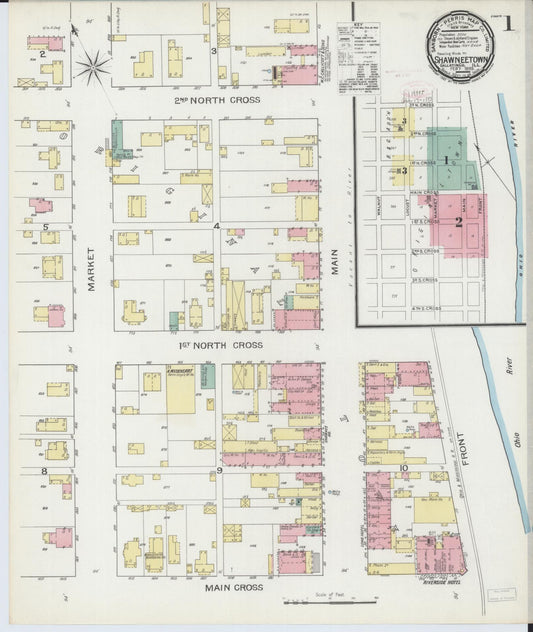 Sanborn Fire Insurance Map from Shawneetown, Gallatin County, Illinois (1893), Sheet #0001 - Complete Map Set gallery image, historic Sanborn map, vintage wall art, Illinois Illinois