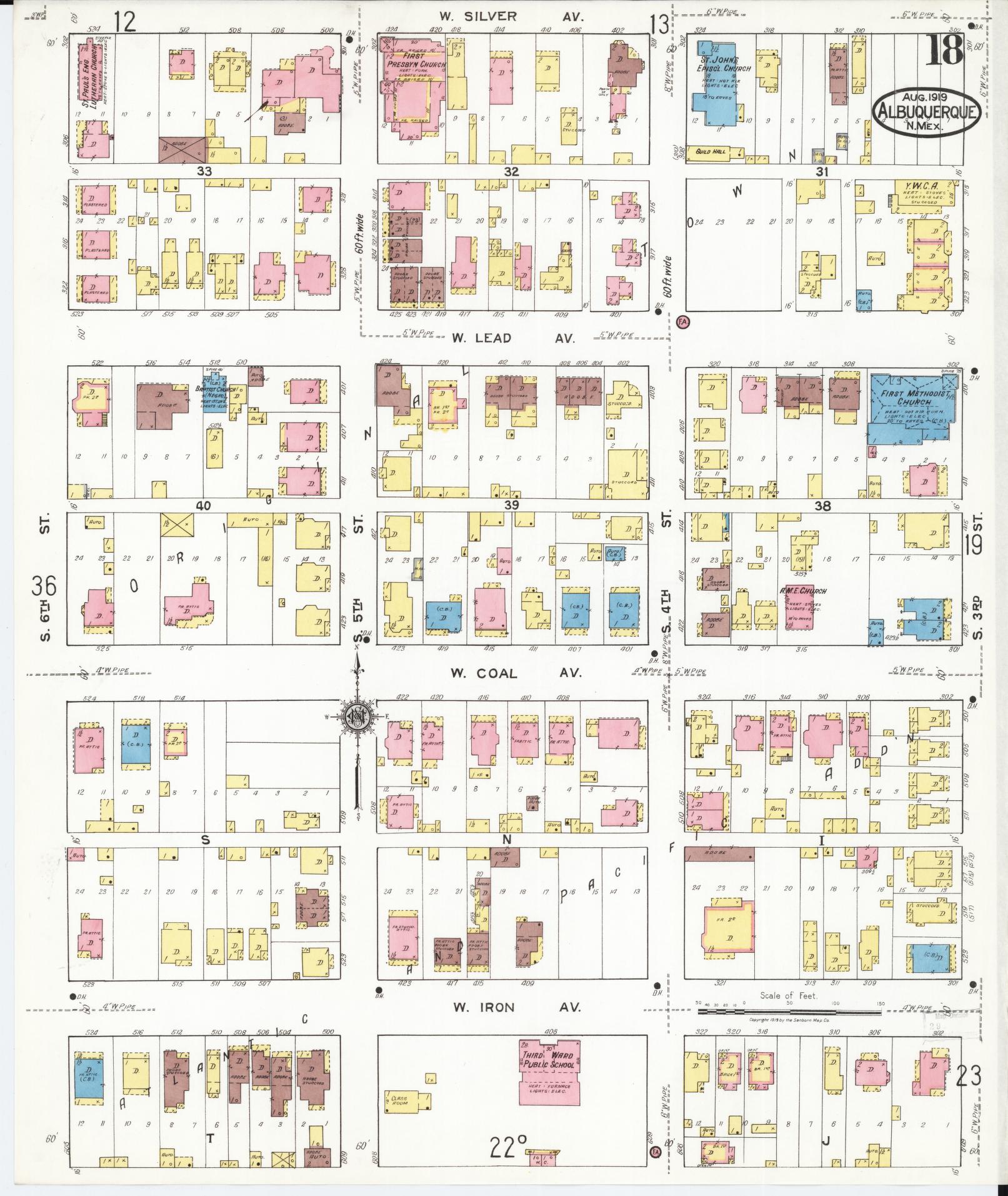Sanborn Fire Insurance Map from Albuquerque, Bernalillo County, New Mexico (1919), Sheet #0018 - Complete Map Set gallery image, historic Sanborn map, vintage wall art, New Mexico New Mexico