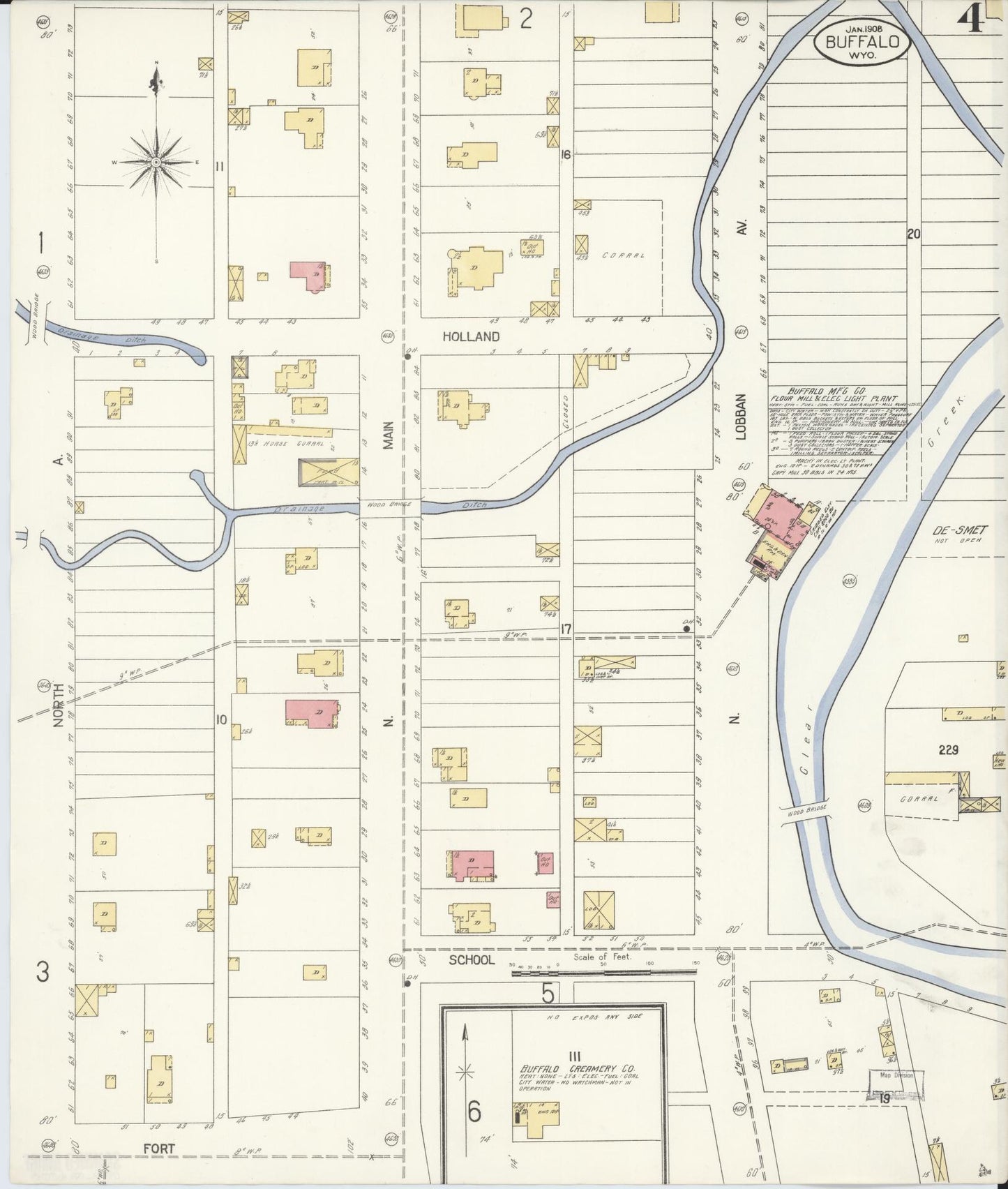 Sanborn Fire Insurance Map from Buffalo, Johnson County, Wyoming (1908), Sheet #0004 - Complete Map Set gallery image, historic Sanborn map, vintage wall art, Wyoming Wyoming