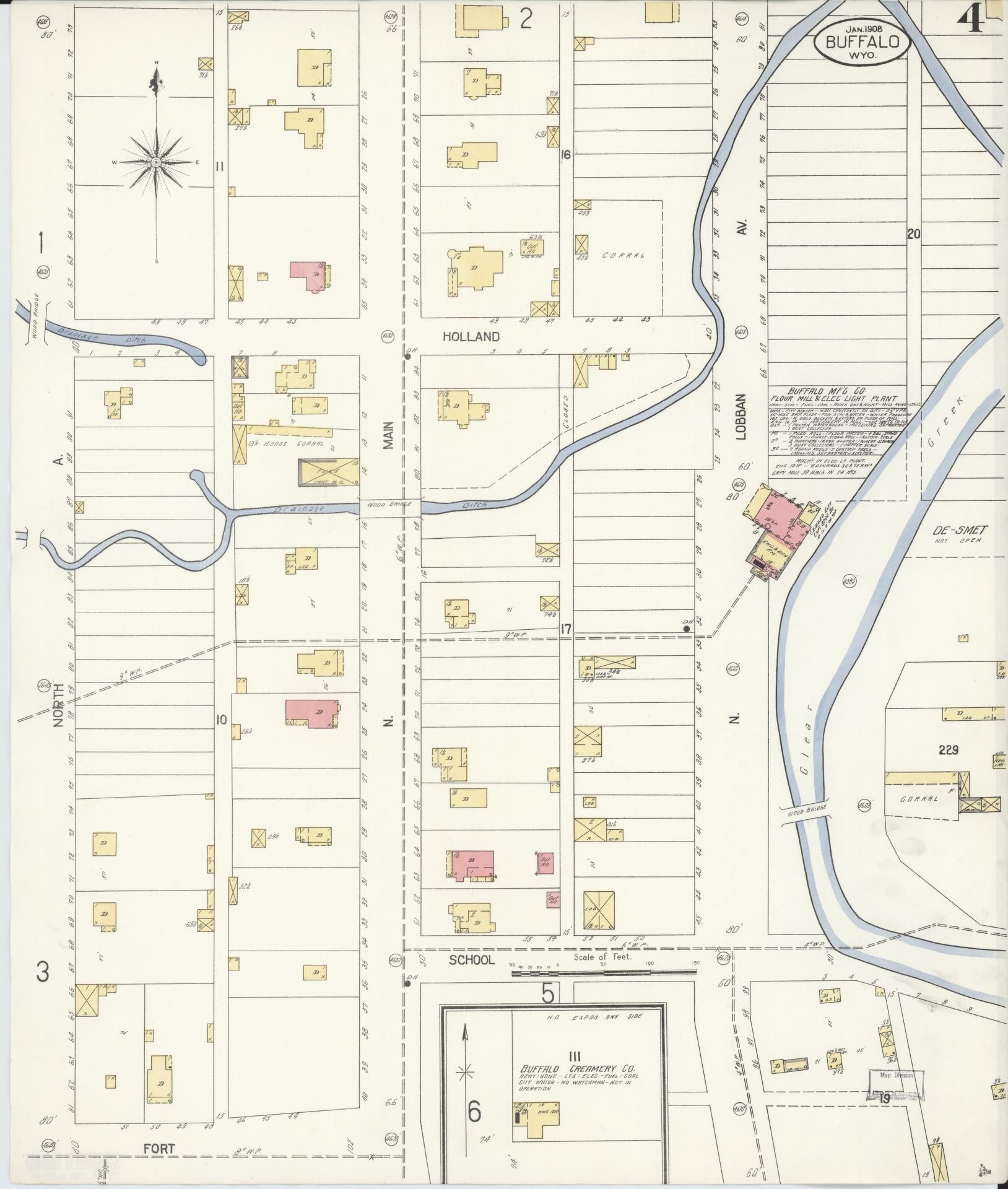Sanborn Fire Insurance Map from Buffalo, Johnson County, Wyoming (1908), Sheet #0004 - Complete Map Set gallery image, historic Sanborn map, vintage wall art, Wyoming Wyoming