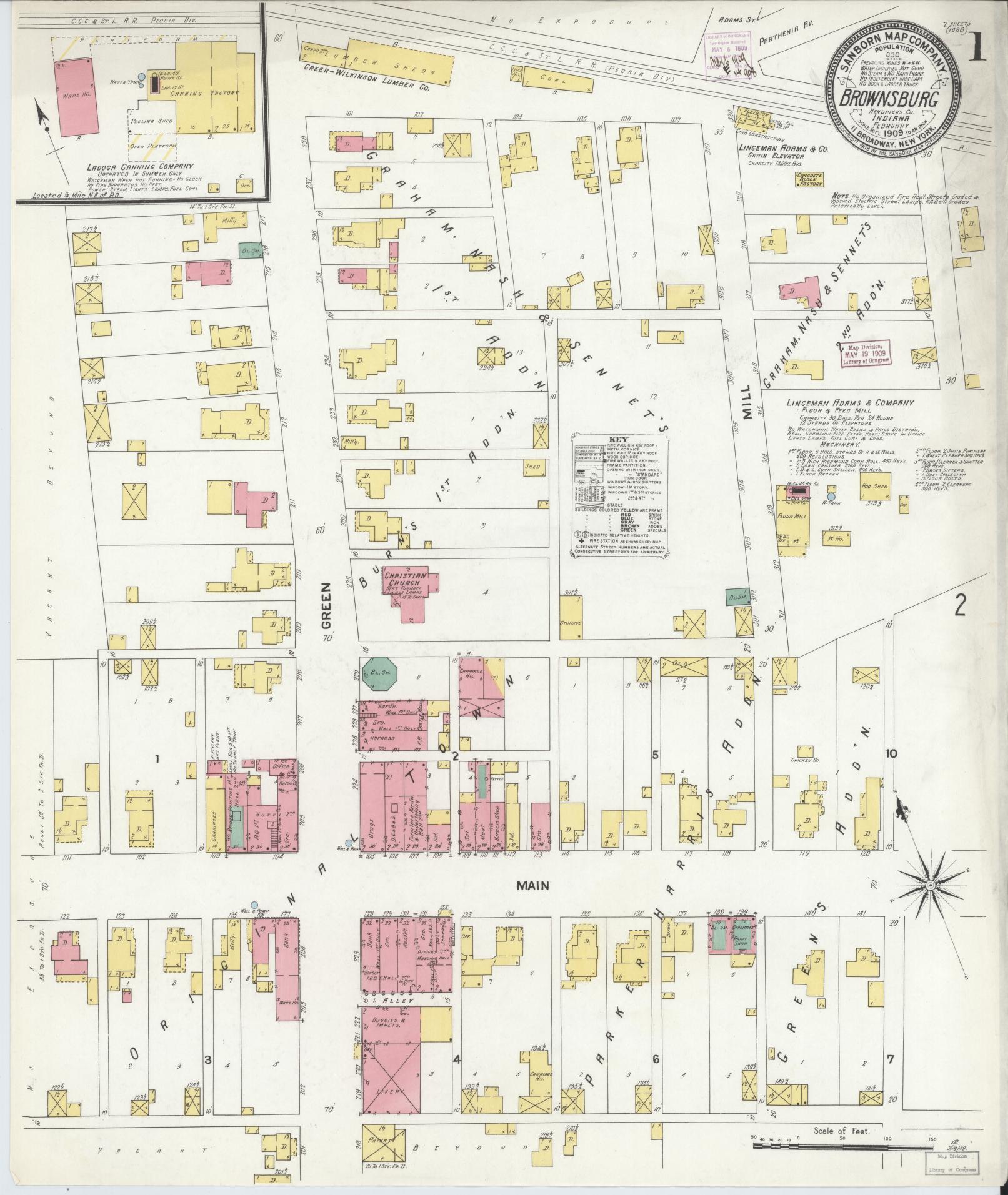 Sanborn Fire Insurance Map from Brownsburg, Hendricks County, Indiana (1909), Sheet #0001 - Historic Sanborn Fire Insurance Map Print, vintage old map wall art, antique decor, genealogy gift, Indiana Indiana map