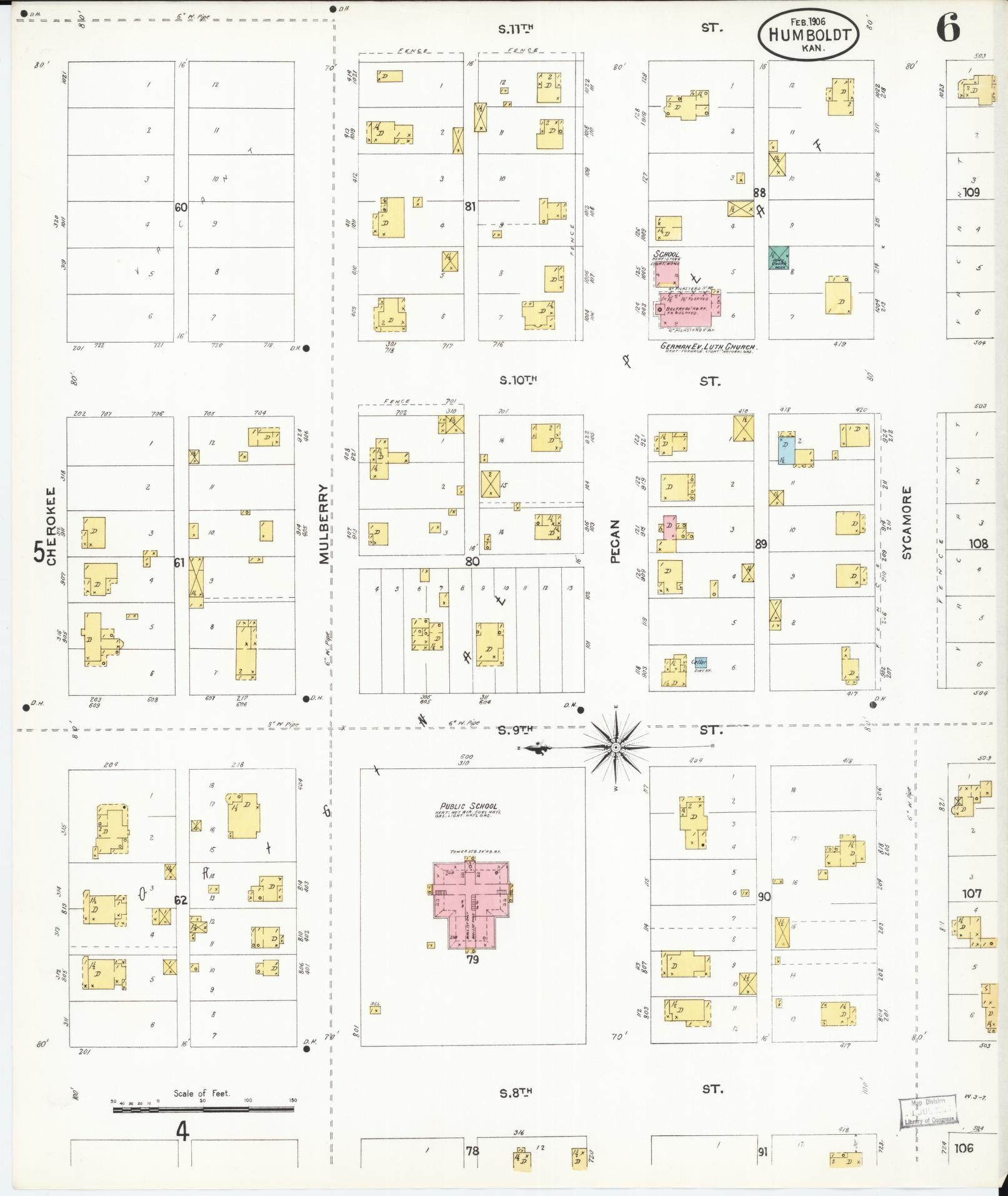 Sanborn Fire Insurance Map from Humboldt, Allen County, Kansas (1906), Sheet #0006 - Historic Sanborn Fire Insurance Map Print, vintage old map wall art, antique decor, genealogy gift, Kansas Kansas map