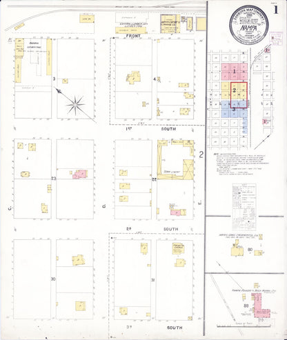 Sanborn Fire Insurance Map from Nampa, Canyon County, Idaho (1905), Sheet #0001 - Complete Map Set gallery image, historic Sanborn map, vintage wall art, Idaho Idaho