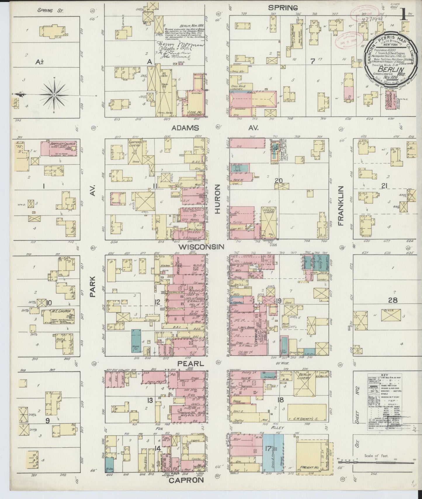 Sanborn Fire Insurance Map from Berlin, Green Lake County, Wisconsin (1891), Sheet #0001 - Complete Map Set gallery image, historic Sanborn map, vintage wall art, Wisconsin Wisconsin