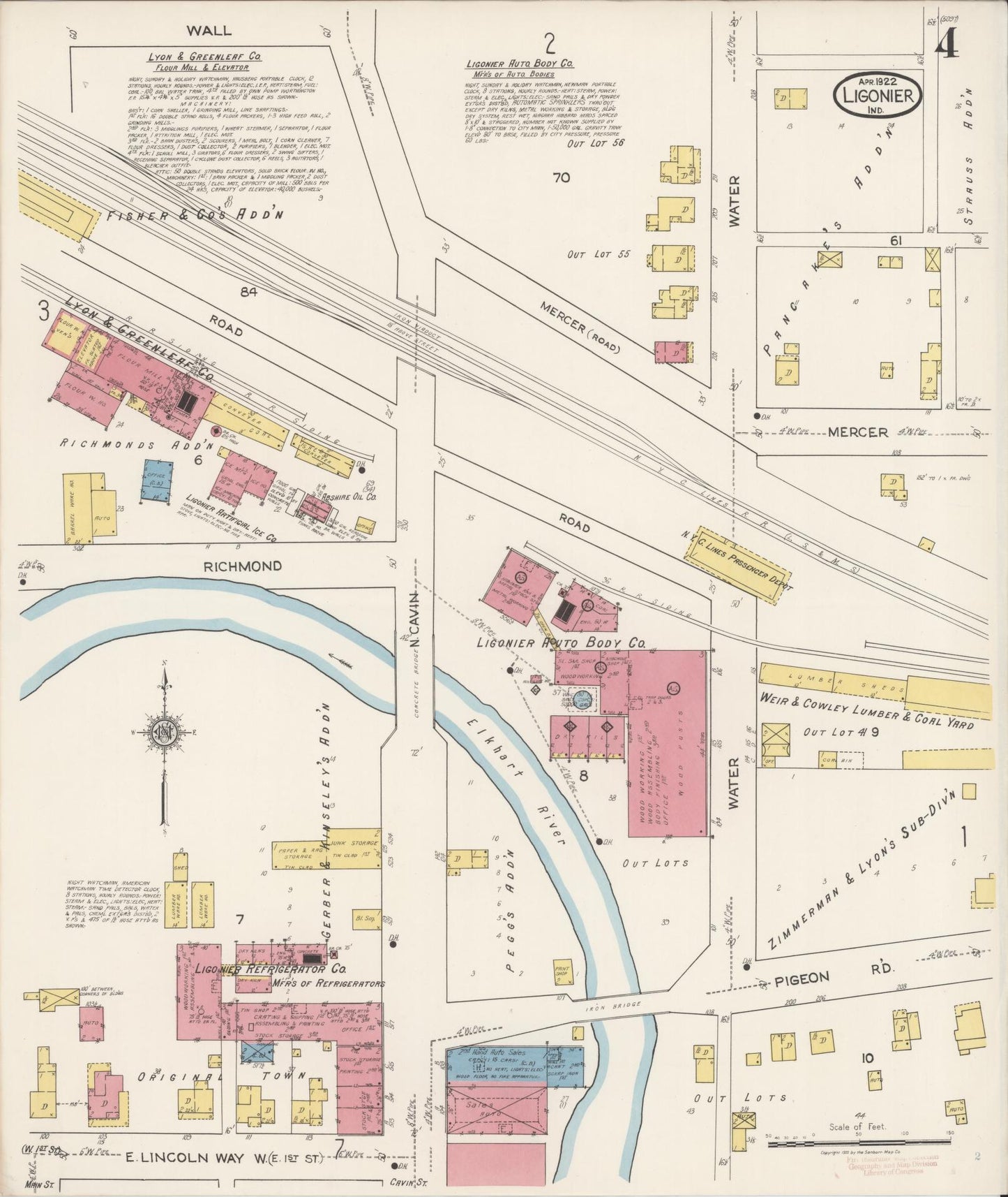 Sanborn Fire Insurance Map from Ligonier, Noble County, Indiana (1922), Sheet #0004 - Complete Map Set gallery image, historic Sanborn map, vintage wall art, Indiana Indiana