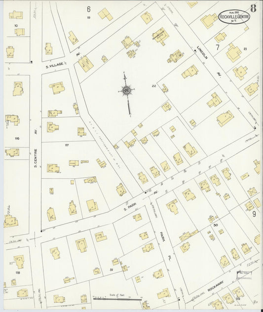 Sanborn Fire Insurance Map from Rockville Centre, Nassau County, New York (1910), Sheet #0008 - Historic Sanborn Fire Insurance Map Print, vintage old map wall art, antique decor, genealogy gift, New York New York map