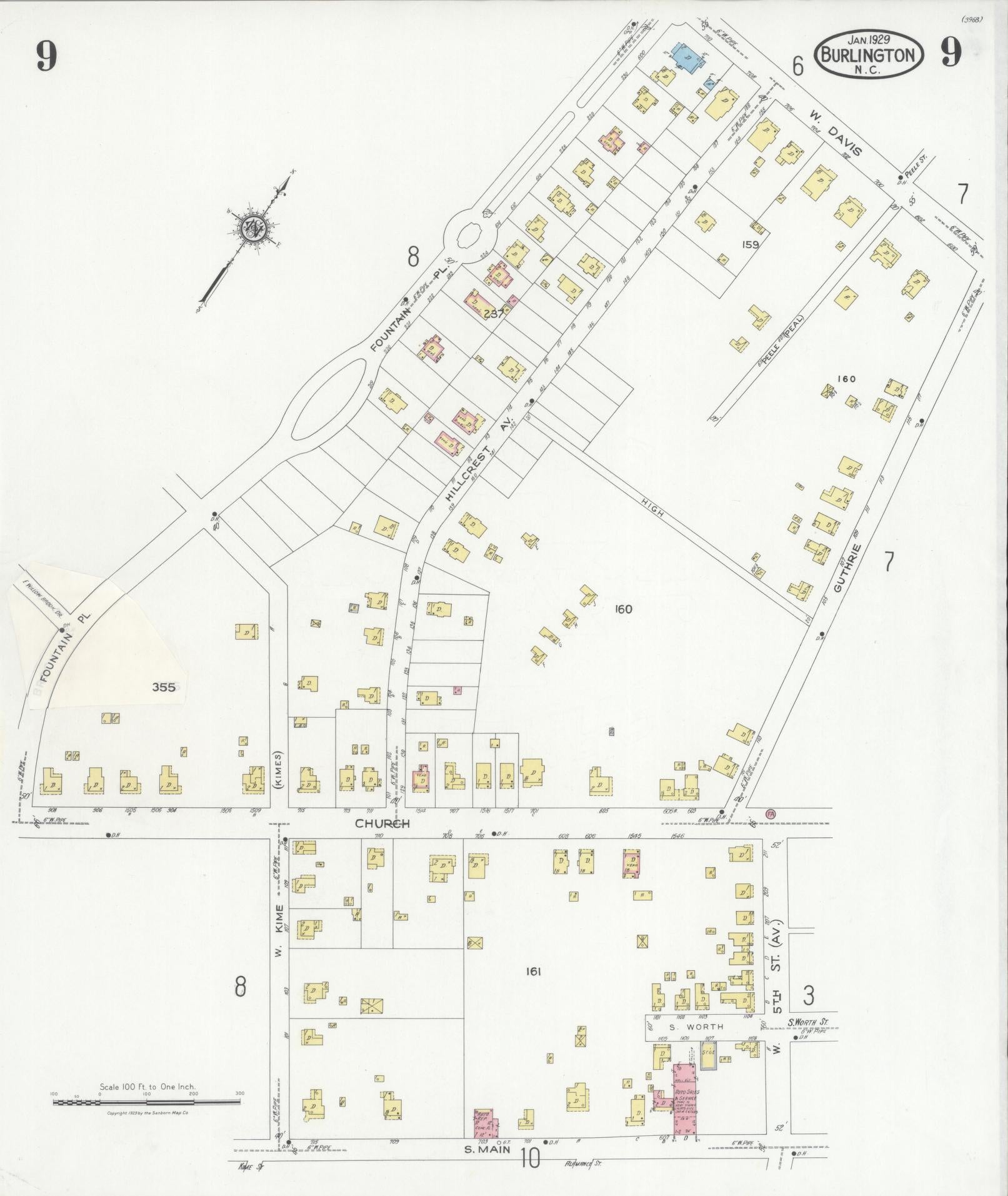 Sanborn Fire Insurance Map from Burlington, Alamance County, North Carolina (1929), Sheet #0009 - Complete Map Set gallery image, historic Sanborn map, vintage wall art, North Carolina North Carolina