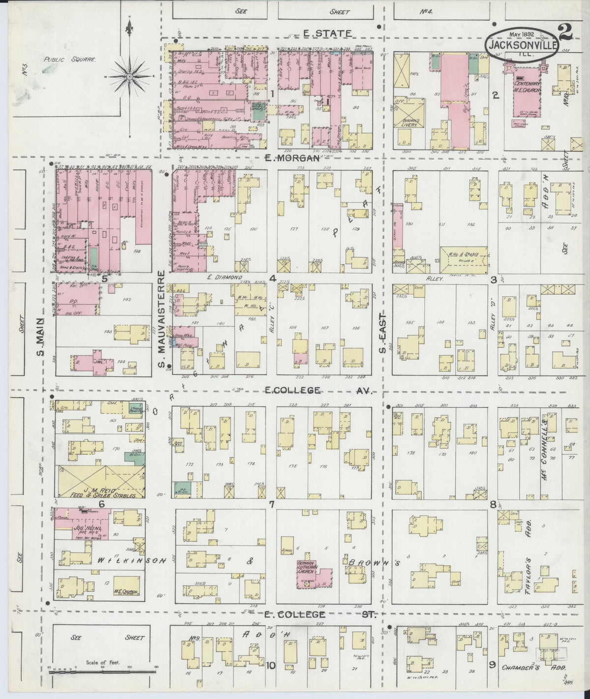 Sanborn Fire Insurance Map from Jacksonville, Morgan County, Illinois (1892), Sheet #0002 - Complete Map Set gallery image, historic Sanborn map, vintage wall art, Illinois Illinois