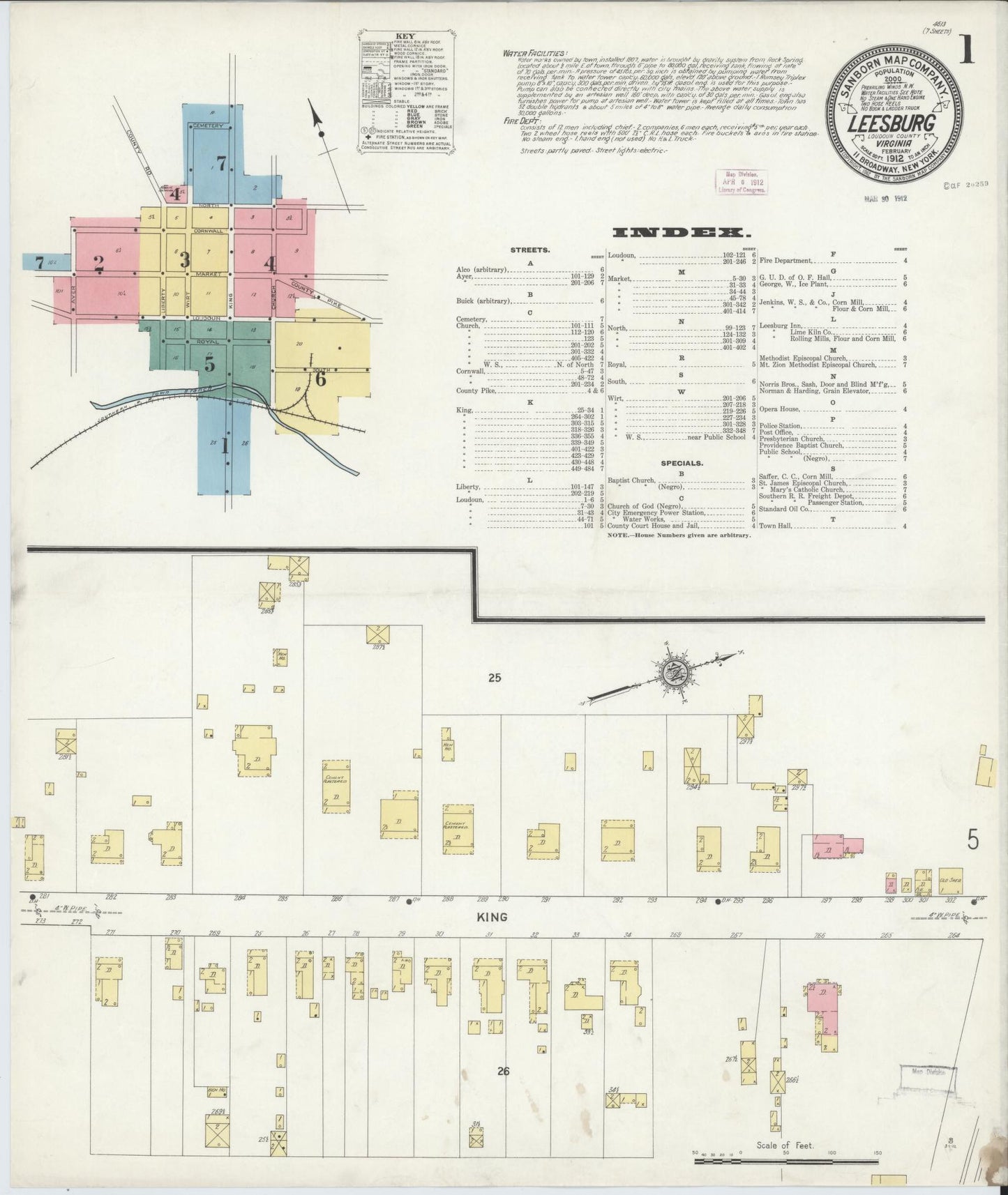 Sanborn Fire Insurance Map from Leesburg, Loudoun County, Virginia (1912), Sheet #0001 - Historic Sanborn Fire Insurance Map Print, vintage old map wall art, antique decor, genealogy gift, Virginia Virginia map