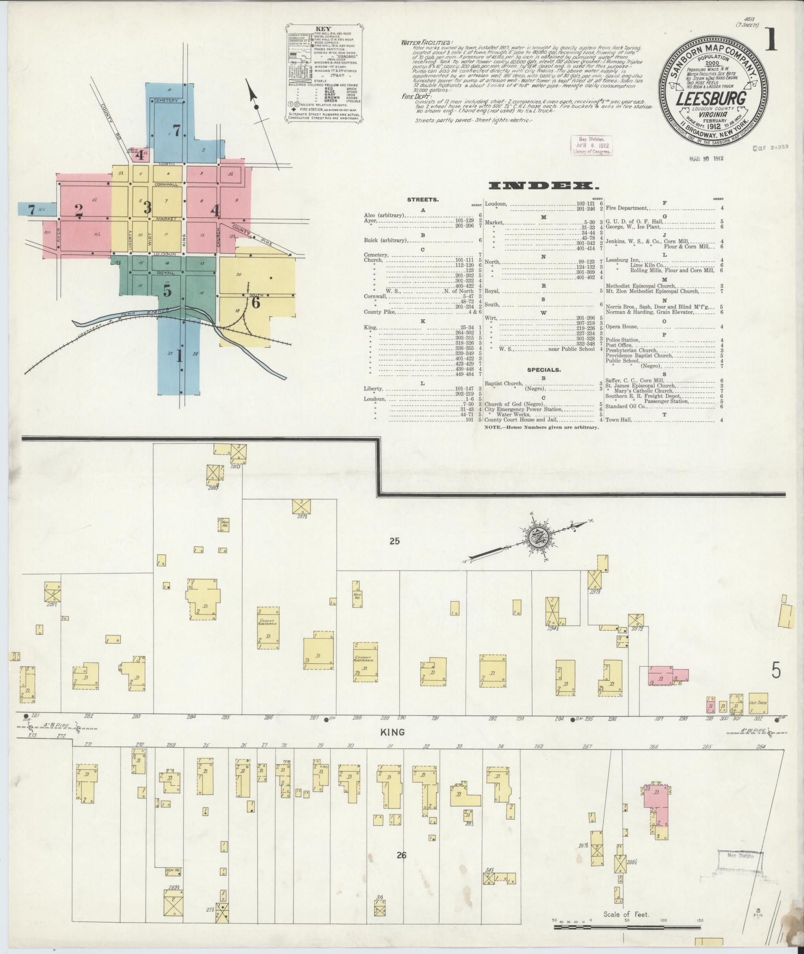 Sanborn Fire Insurance Map from Leesburg, Loudoun County, Virginia (1912), Sheet #0001 - Historic Sanborn Fire Insurance Map Print, vintage old map wall art, antique decor, genealogy gift, Virginia Virginia map