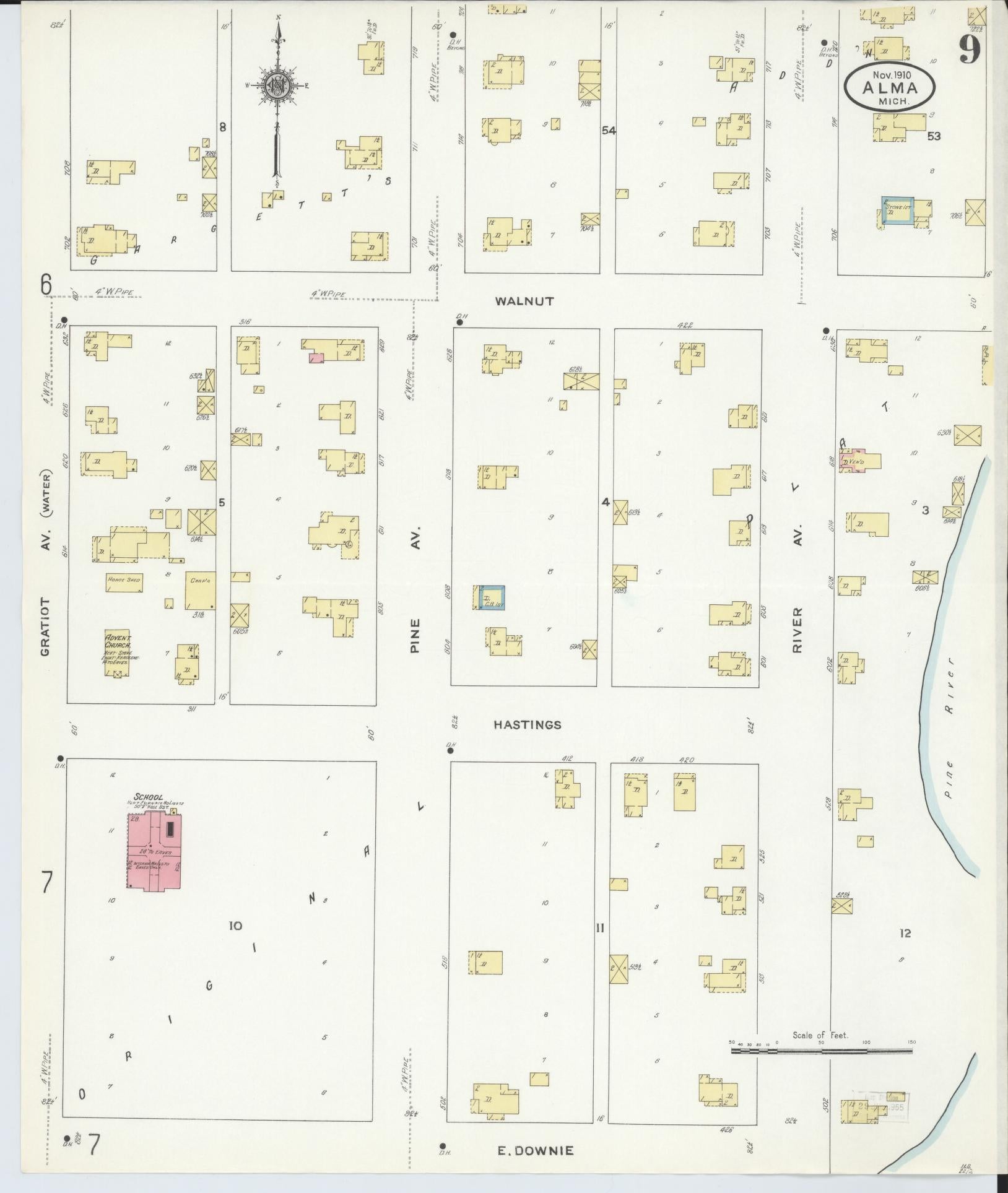 Sanborn Fire Insurance Map from Alma, Gratiot County, Michigan (1910), Sheet #0009 - Historic Sanborn Fire Insurance Map Print, vintage old map wall art, antique decor, genealogy gift, Michigan Michigan map