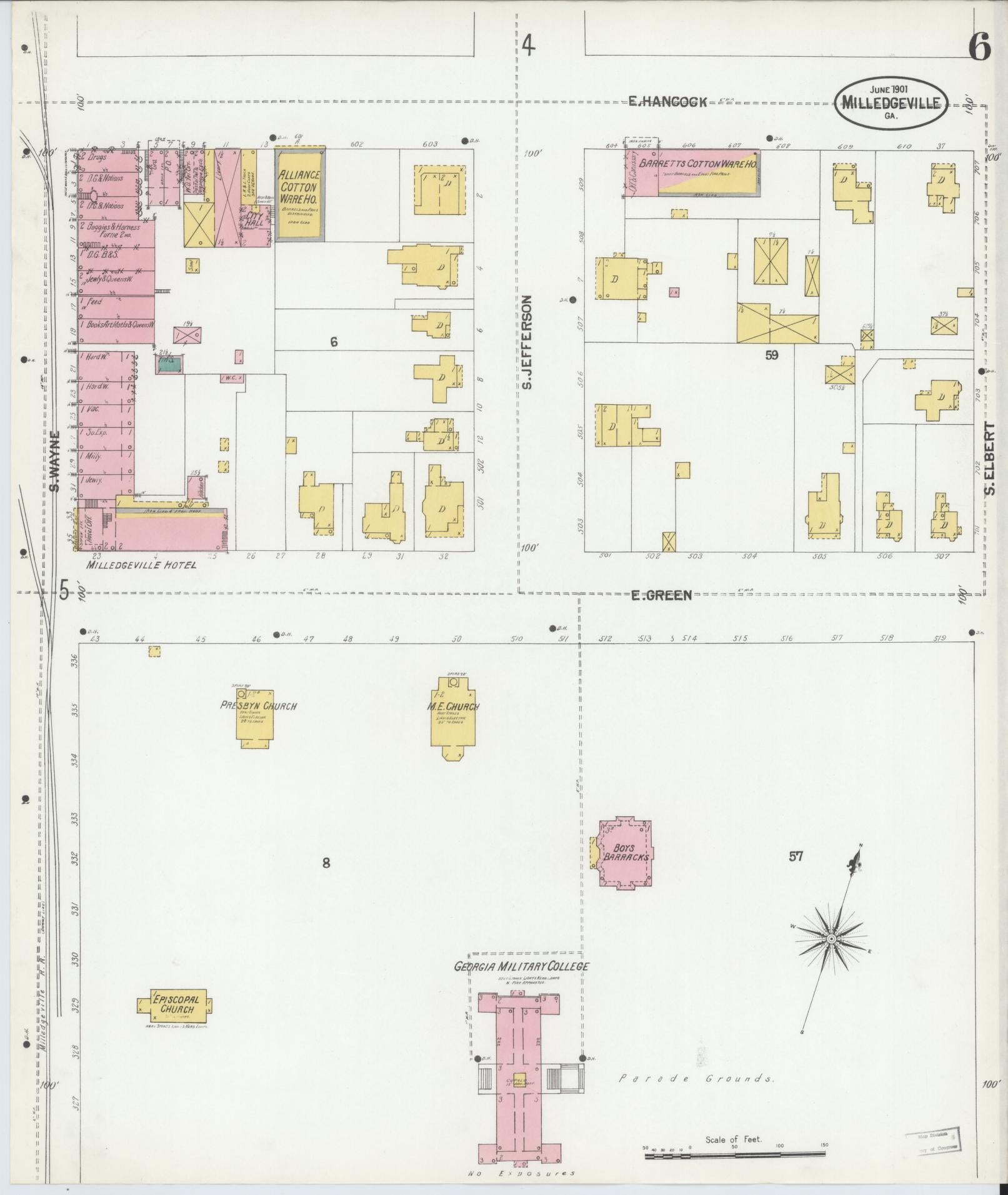 Sanborn Fire Insurance Map from Milledgeville, Baldwin County, Georgia (1901), Sheet #0006 - Historic Sanborn Fire Insurance Map Print, vintage old map wall art, antique decor, genealogy gift, Georgia Georgia map