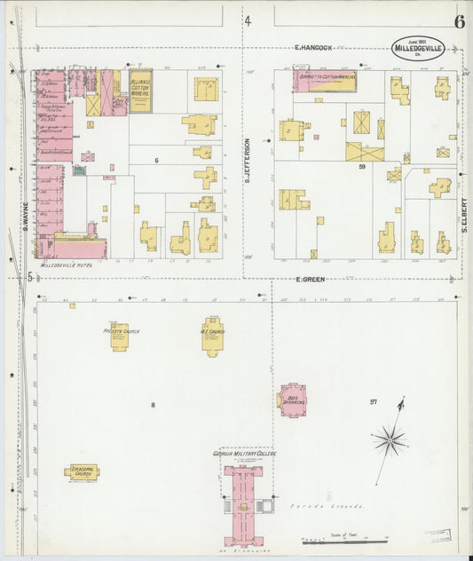 Sanborn Fire Insurance Map from Milledgeville, Baldwin County, Georgia (1901), Sheet #0006 - Historic Sanborn Fire Insurance Map Print, vintage old map wall art, antique decor, genealogy gift, Georgia Georgia map