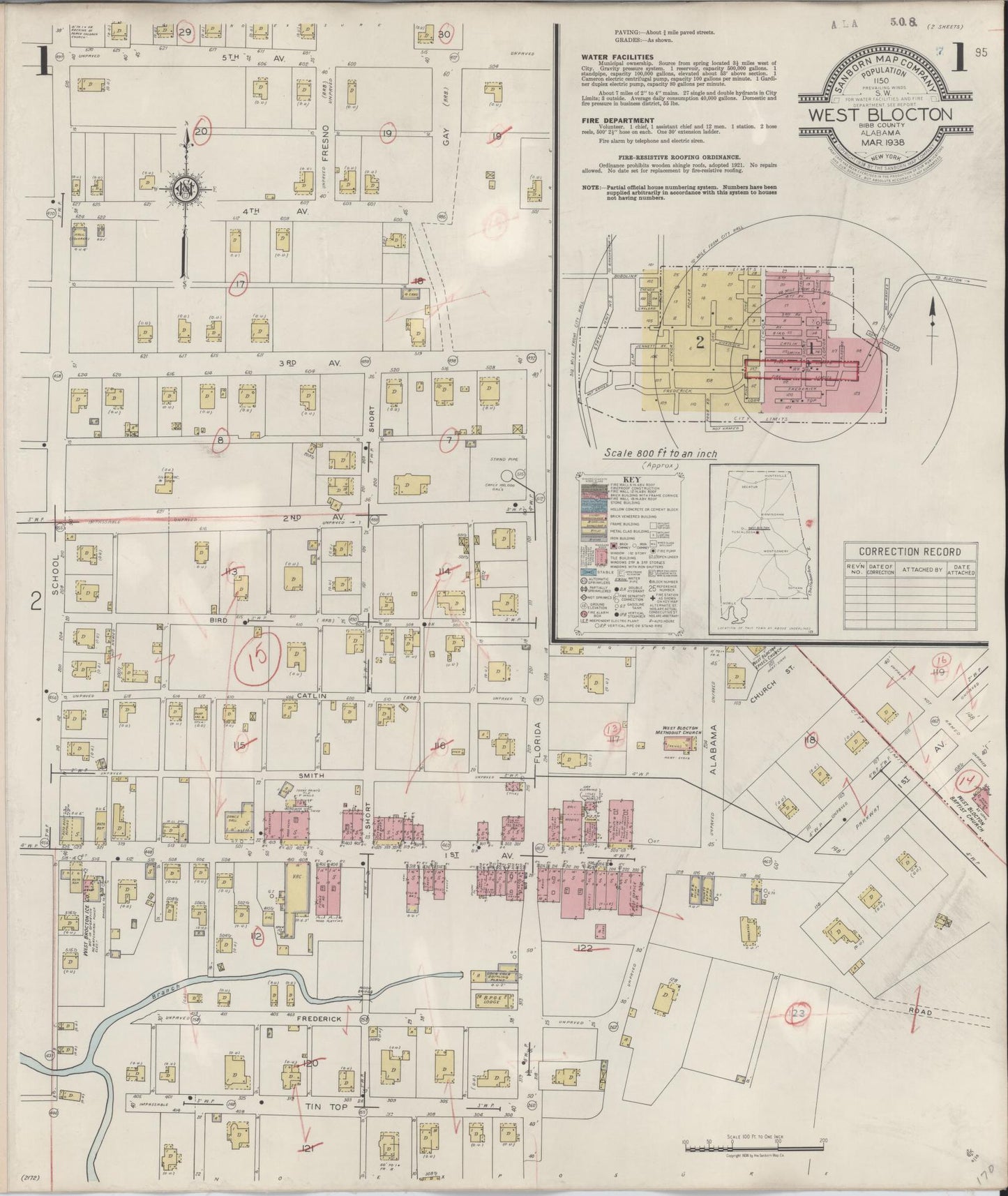 Sanborn Fire Insurance Map from West Blocton, Bibb County, Alabama (1938), Sheet #0001 - Historic Sanborn Fire Insurance Map Print, vintage old map wall art, antique decor, genealogy gift, Alabama Alabama map