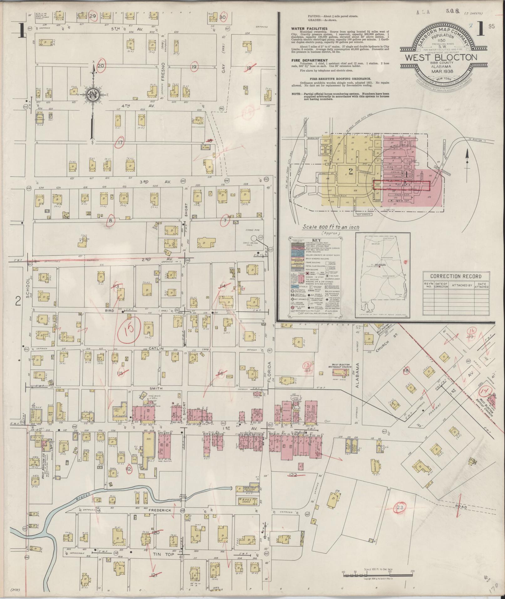Sanborn Fire Insurance Map from West Blocton, Bibb County, Alabama (1938), Sheet #0001 - Historic Sanborn Fire Insurance Map Print, vintage old map wall art, antique decor, genealogy gift, Alabama Alabama map