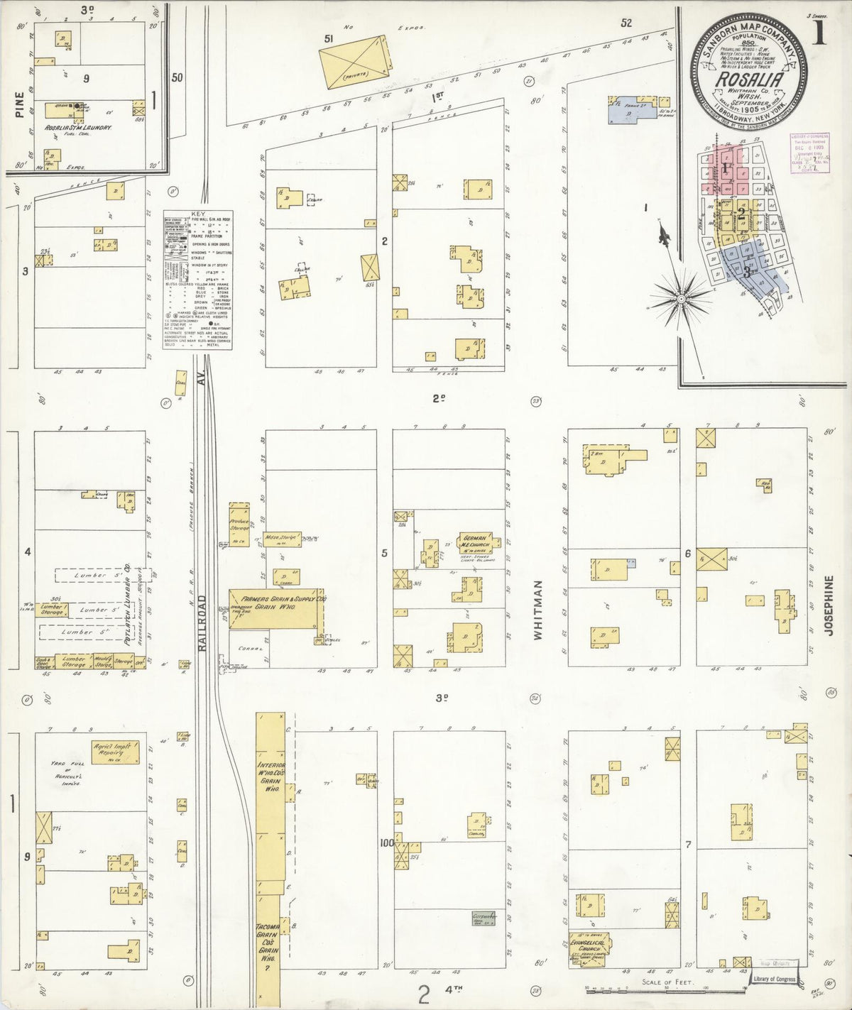 Sanborn Fire Insurance Map from Rosalia, Whitman County, Washington (1905), Sheet #0001 - Historic Sanborn Fire Insurance Map Print, vintage old map wall art, antique decor, genealogy gift, Washington Washington map