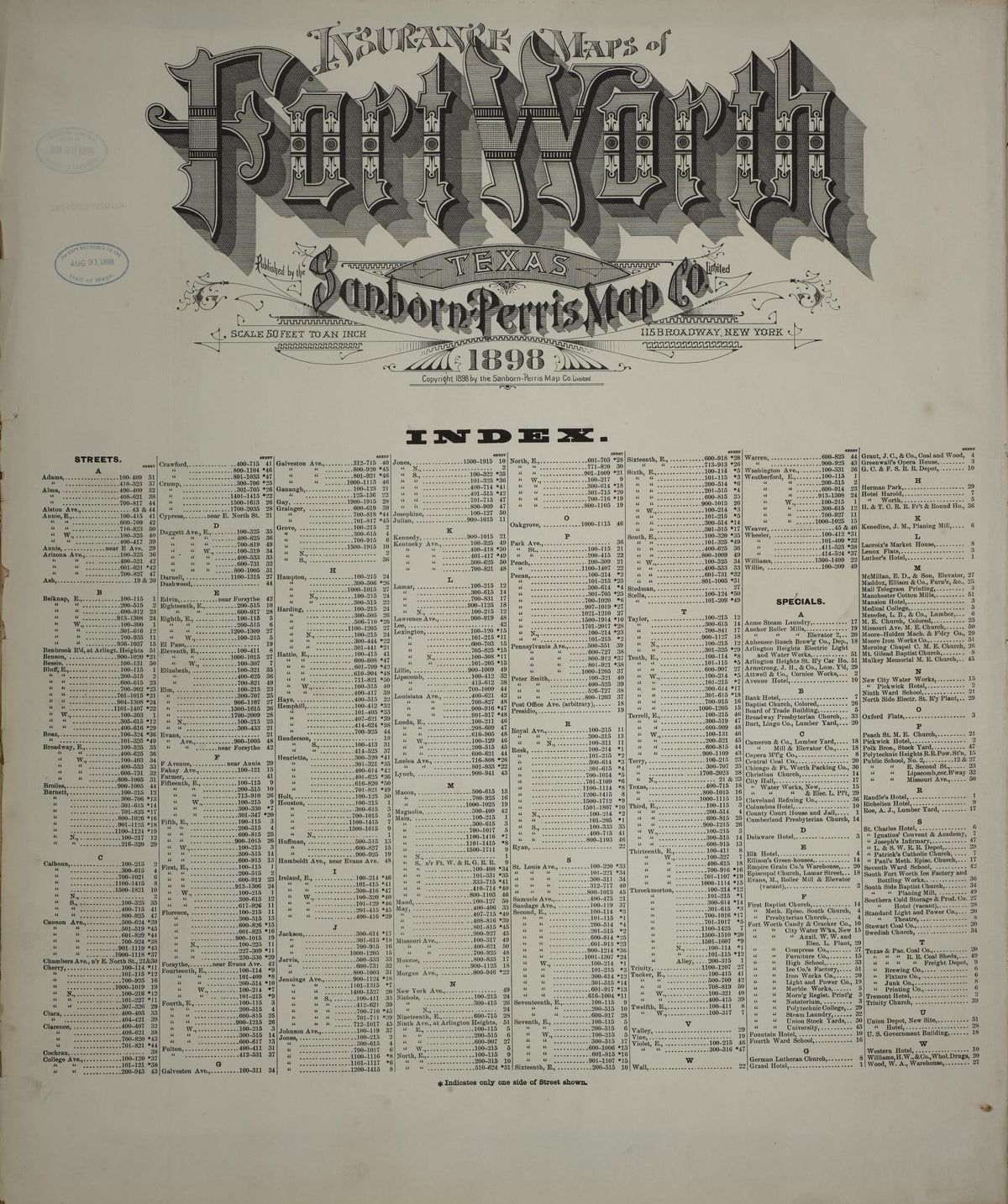 Sanborn Fire Insurance Map from Fort Worth, Tarrant County, Texas (1898), Sheet #0001 - Historic Sanborn Fire Insurance Map Print, vintage old map wall art, antique decor, genealogy gift, Texas Texas map