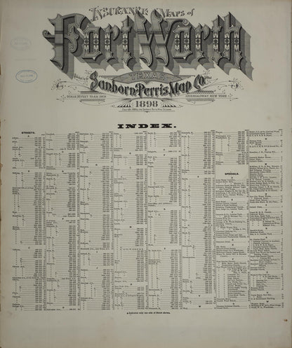 Sanborn Fire Insurance Map from Fort Worth, Tarrant County, Texas (1898), Sheet #0001 - Historic Sanborn Fire Insurance Map Print, vintage old map wall art, antique decor, genealogy gift, Texas Texas map