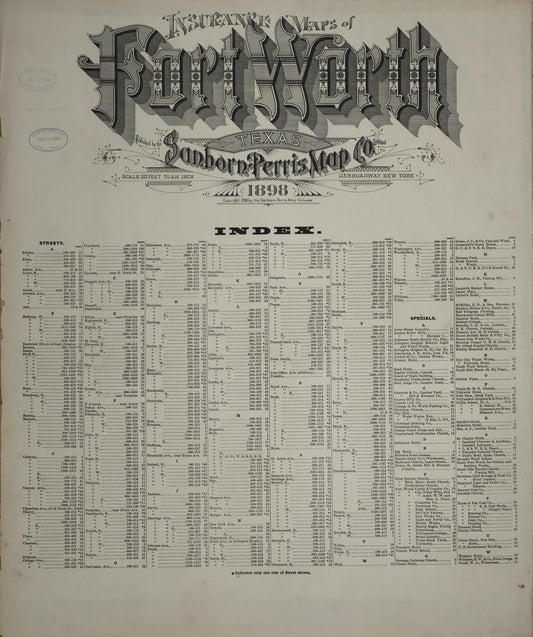 Sanborn Fire Insurance Map from Fort Worth, Tarrant County, Texas (1898), Sheet #0001 - Historic Sanborn Fire Insurance Map Print, vintage old map wall art, antique decor, genealogy gift, Texas Texas map