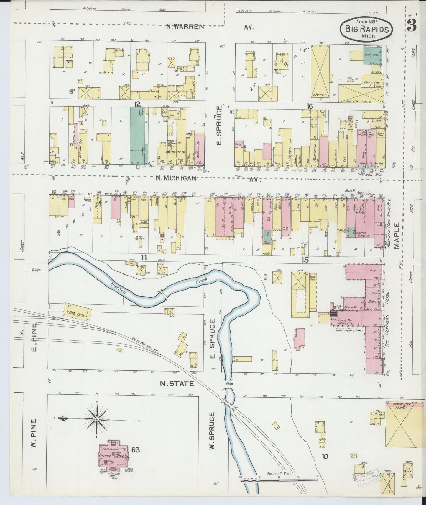 Sanborn Fire Insurance Map from Big Rapids, Mecosta County, Michigan (1892), Sheet #0003 - Complete Map Set gallery image, historic Sanborn map, vintage wall art, Michigan Michigan
