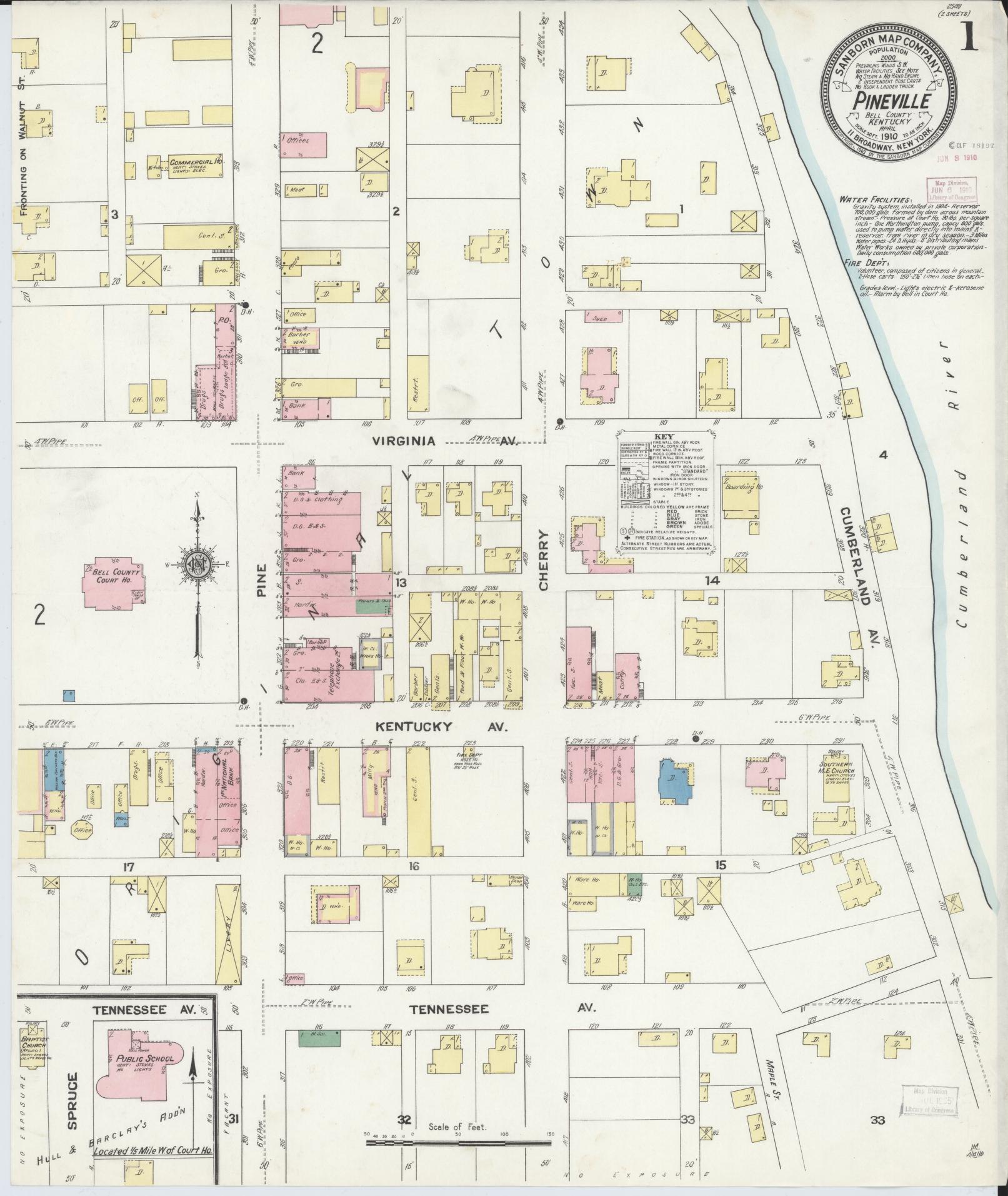 Sanborn Fire Insurance Map from Pineville, Bell County, Kentucky (1910), Sheet #0001 - Historic Sanborn Fire Insurance Map Print, vintage old map wall art, antique decor, genealogy gift, Kentucky Kentucky map
