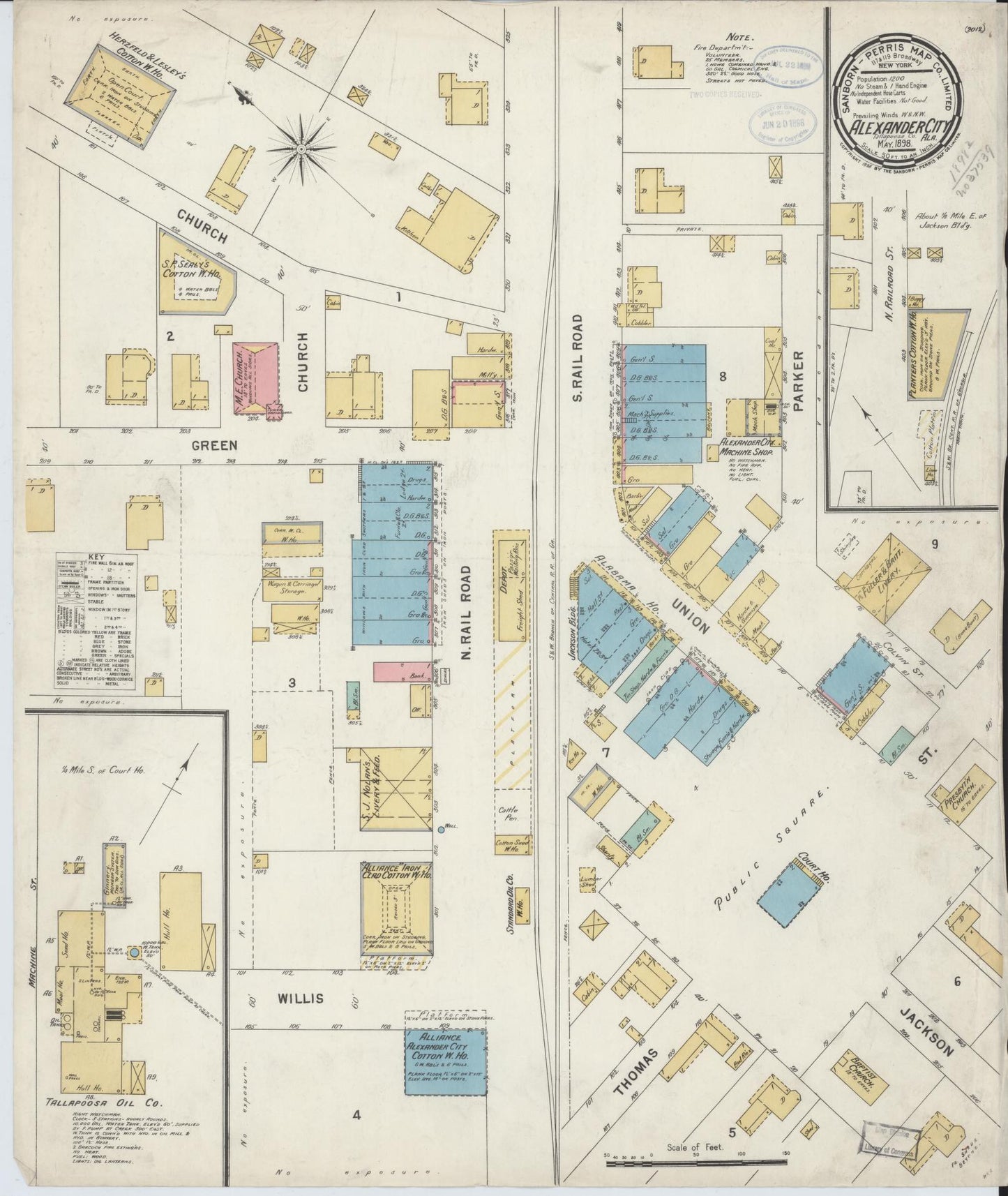 Sanborn Fire Insurance Map from Alexander City, Tallapoosa County, Alabama (1898), Sheet #0001 - Historic Sanborn Fire Insurance Map Print, vintage old map wall art, antique decor, genealogy gift, Alabama Alabama map