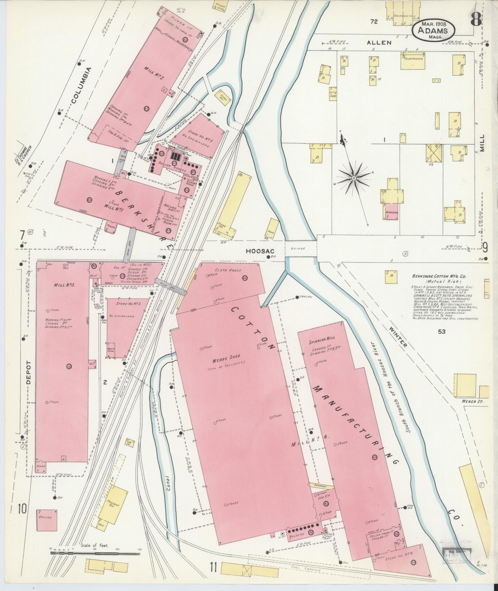 Sanborn Fire Insurance Map from Adams, Berkshire County, Massachusetts (1908), Sheet #0008 - Complete Map Set gallery image, historic Sanborn map, vintage wall art, Massachusetts Massachusetts