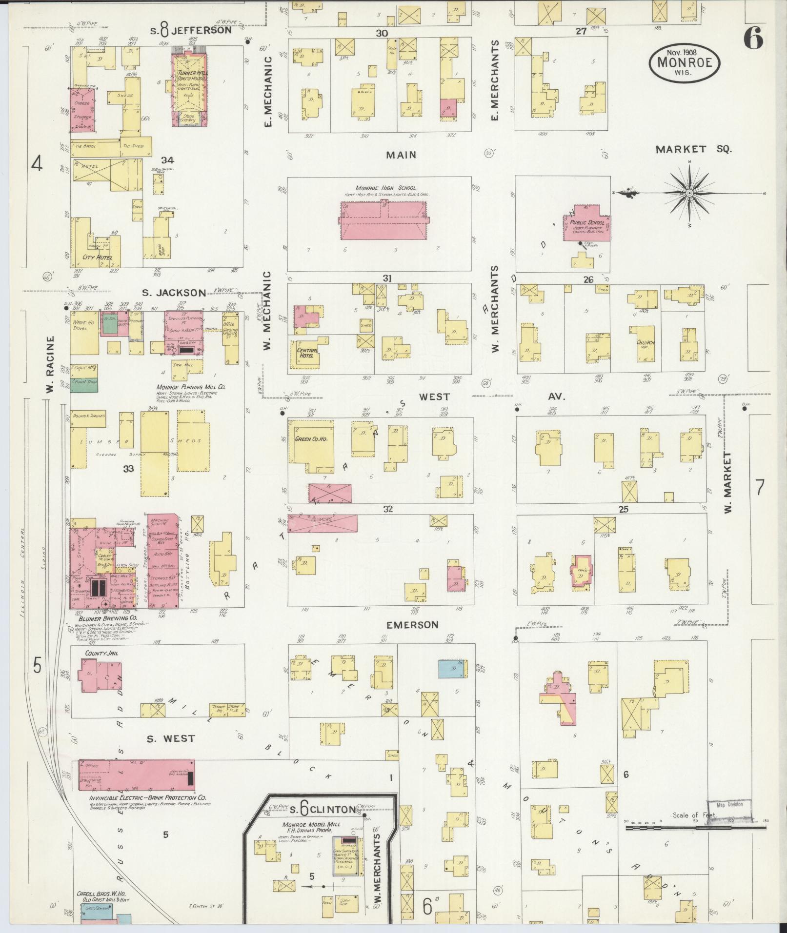 Sanborn Fire Insurance Map from Monroe, Green County, Wisconsin (1908), Sheet #0006 - Historic Sanborn Fire Insurance Map Print, vintage old map wall art, antique decor, genealogy gift, Wisconsin Wisconsin map