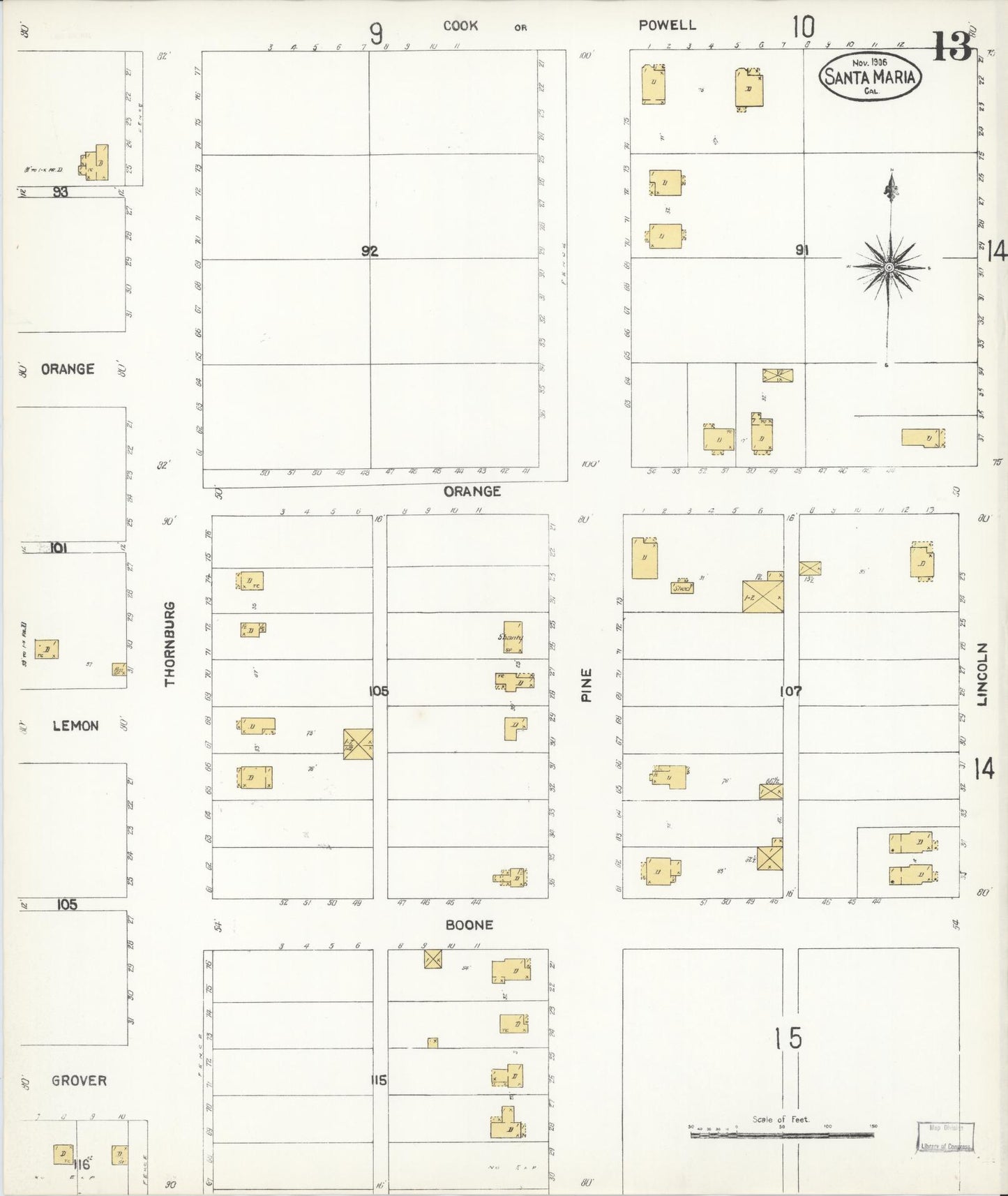 Sanborn Fire Insurance Map from Santa Maria, Santa Barbara County, California (1906), Sheet #0013 - Complete Map Set gallery image, historic Sanborn map, vintage wall art, California California