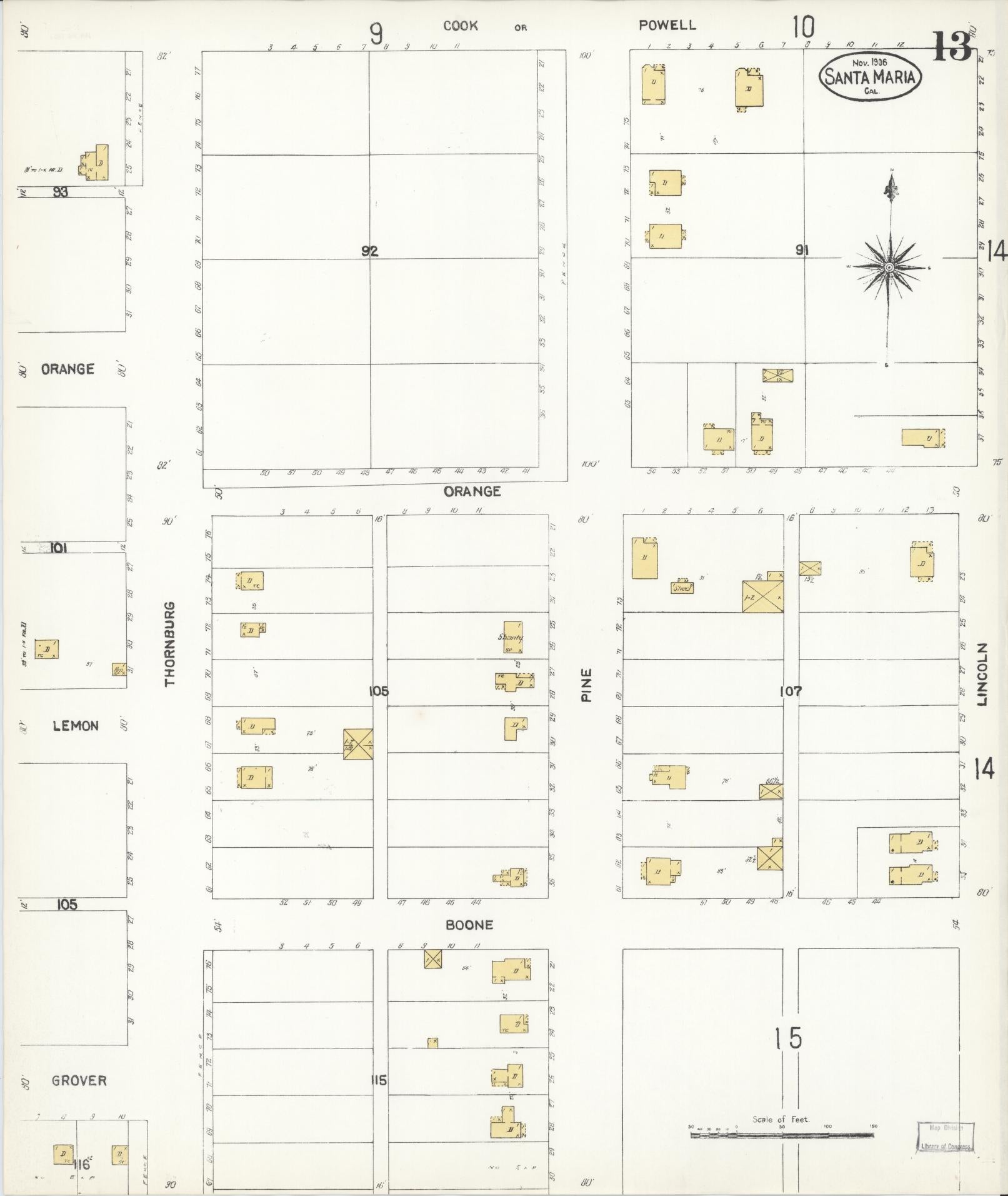 Sanborn Fire Insurance Map from Santa Maria, Santa Barbara County, California (1906), Sheet #0013 - Complete Map Set gallery image, historic Sanborn map, vintage wall art, California California