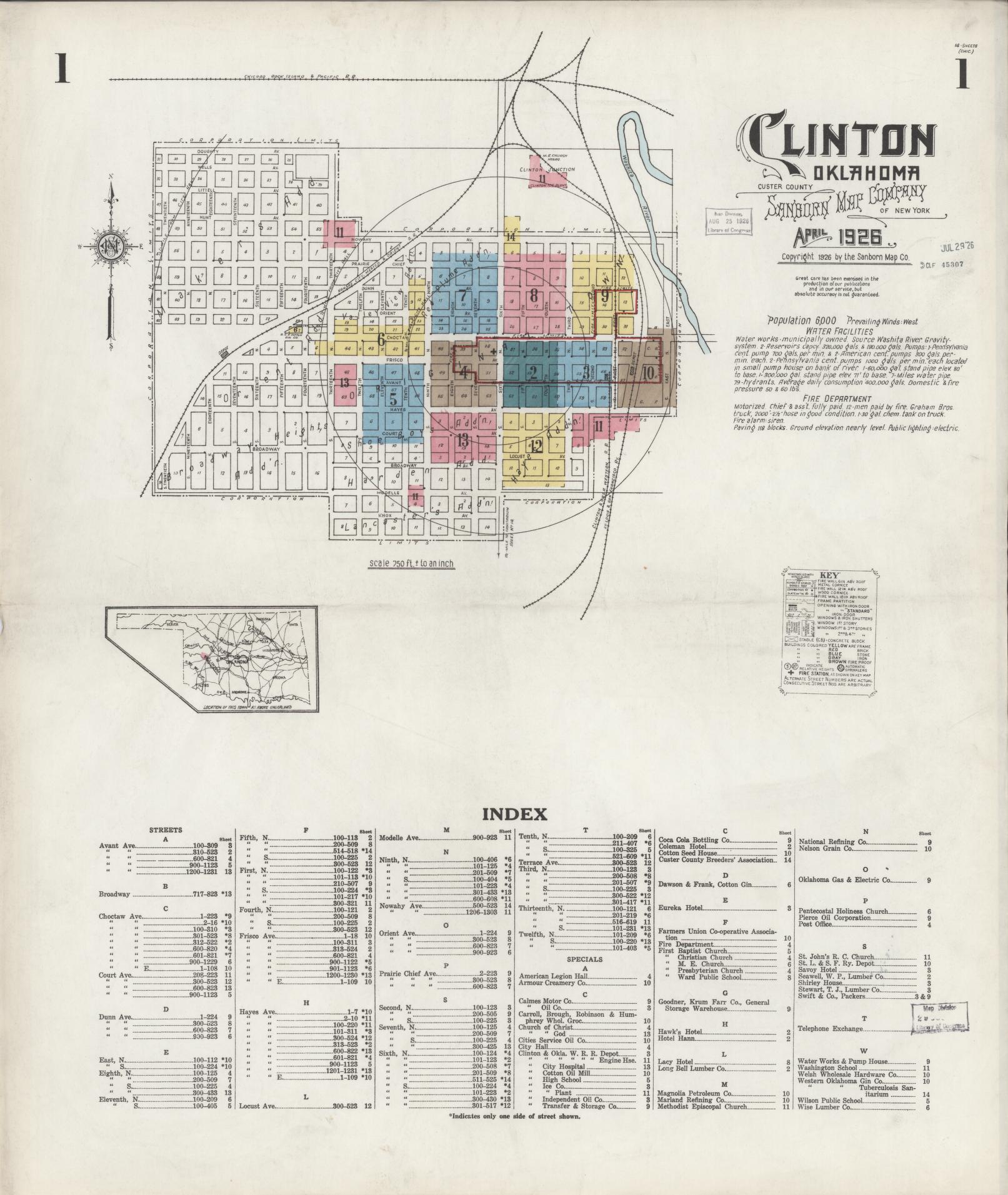Sanborn Fire Insurance Map from Clinton, Custer County, Oklahoma (1926), Sheet #0001 - Historic Sanborn Fire Insurance Map Print, vintage old map wall art, antique decor, genealogy gift, Oklahoma Oklahoma map