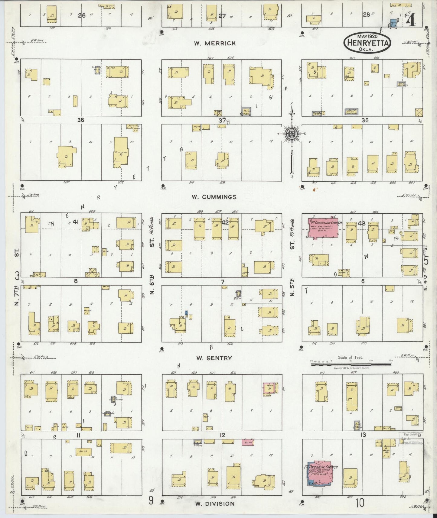 Sanborn Fire Insurance Map from Henryetta, Okmulgee County, Oklahoma (1920), Sheet #0004 - Historic Sanborn Fire Insurance Map Print, vintage old map wall art, antique decor, genealogy gift, Oklahoma Oklahoma map