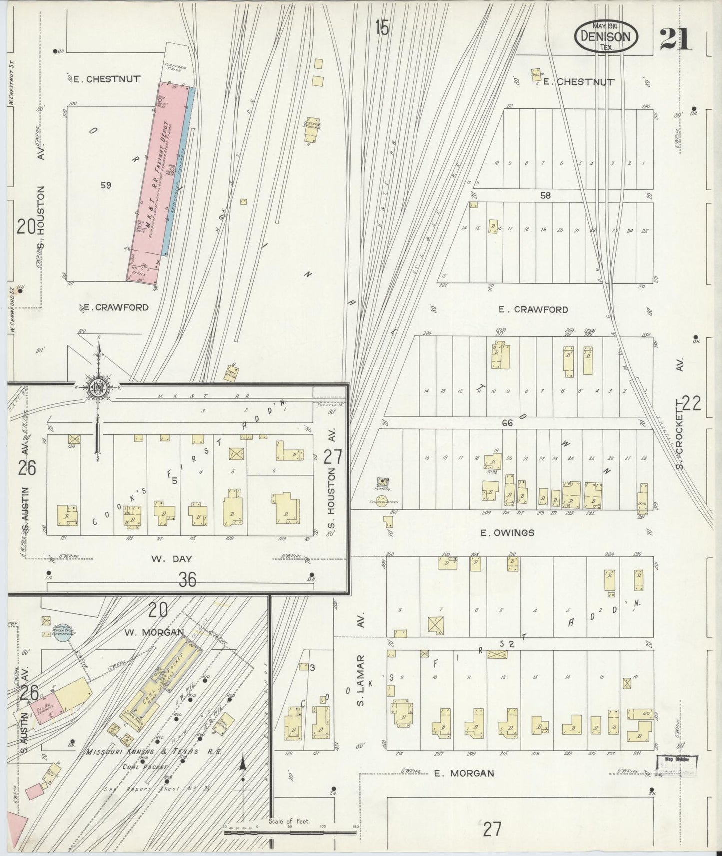 Sanborn Fire Insurance Map from Denison, Grayson County, Texas (1914), Sheet #0021 - Historic Sanborn Fire Insurance Map Print, vintage old map wall art, antique decor, genealogy gift, Texas Texas map