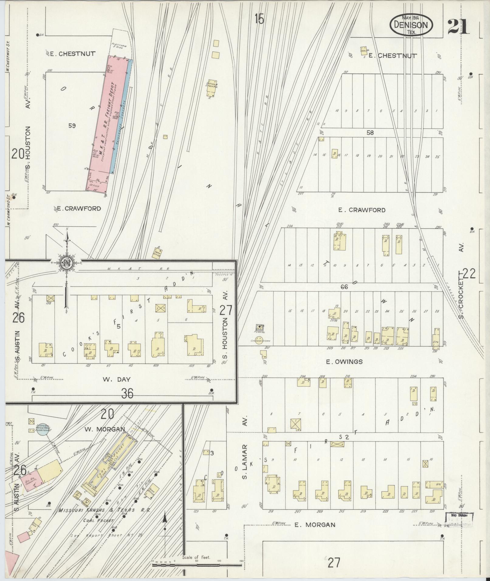 Sanborn Fire Insurance Map from Denison, Grayson County, Texas (1914), Sheet #0021 - Historic Sanborn Fire Insurance Map Print, vintage old map wall art, antique decor, genealogy gift, Texas Texas map