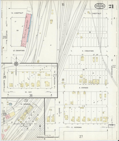 Sanborn Fire Insurance Map from Denison, Grayson County, Texas (1914), Sheet #0021 - Historic Sanborn Fire Insurance Map Print, vintage old map wall art, antique decor, genealogy gift, Texas Texas map