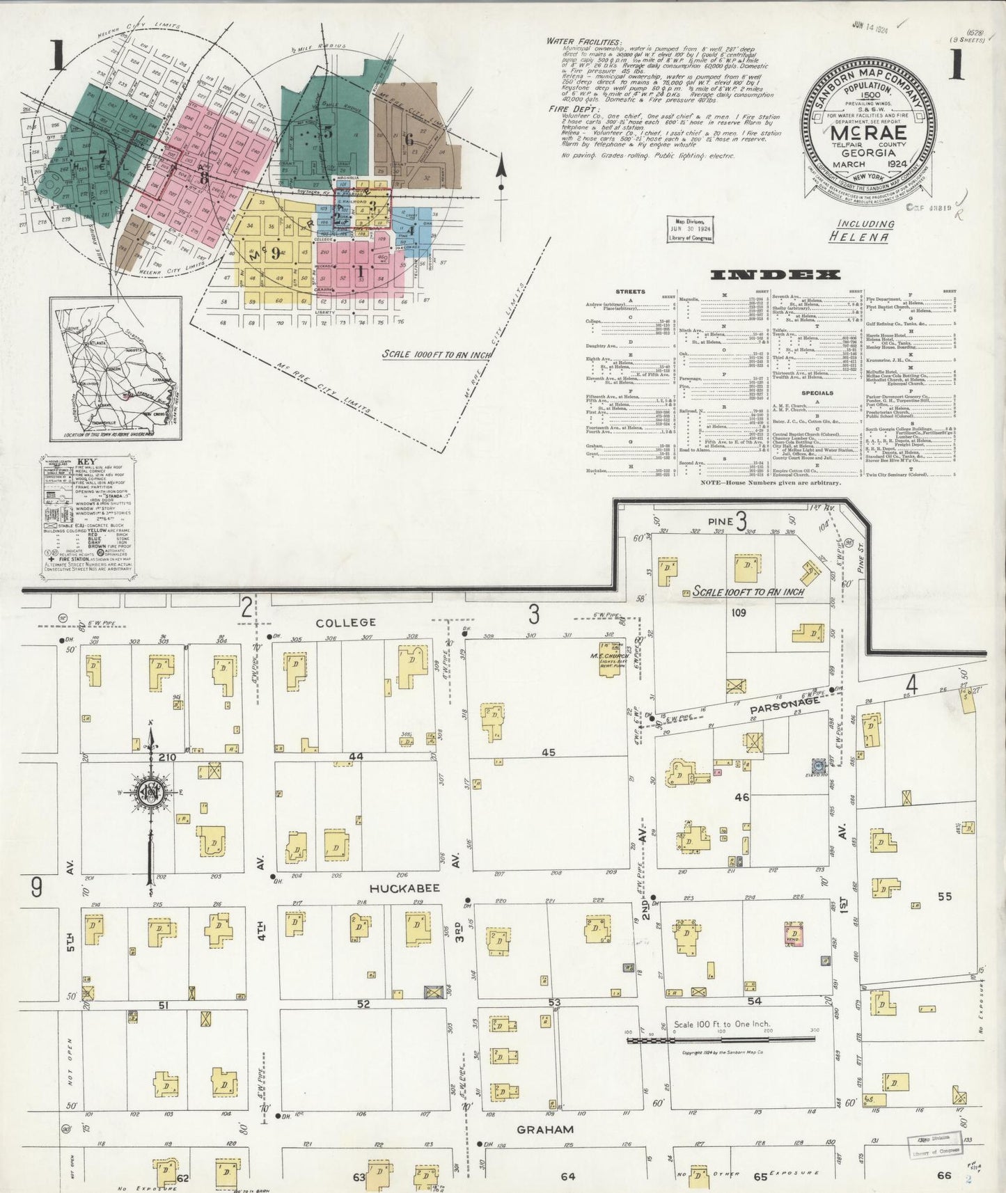 Sanborn Fire Insurance Map from Mcrae, Telfair County, Georgia (1924), Sheet #0001 - Historic Sanborn Fire Insurance Map Print, vintage old map wall art, antique decor, genealogy gift, Georgia Georgia map
