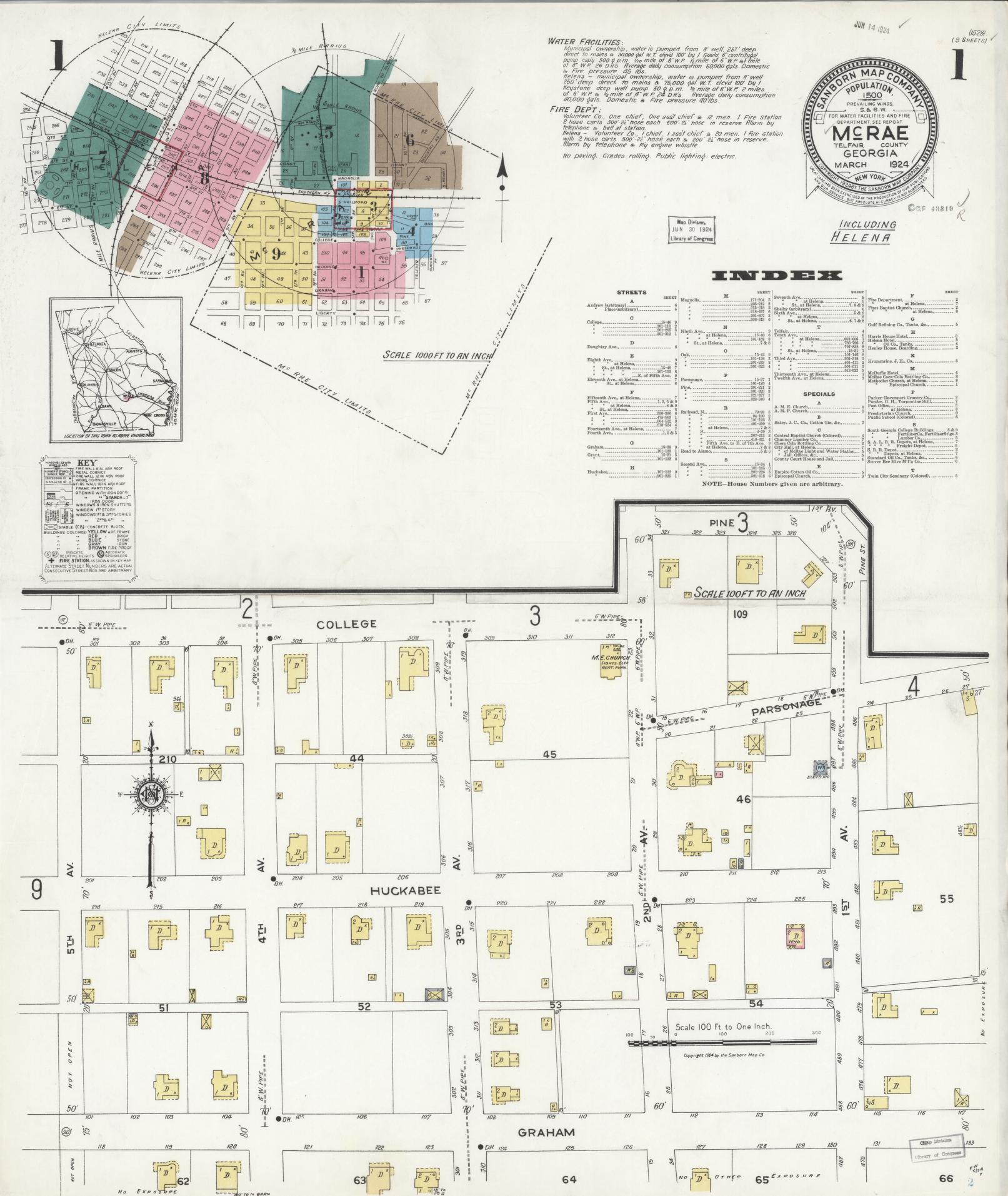 Sanborn Fire Insurance Map from Mcrae, Telfair County, Georgia (1924), Sheet #0001 - Historic Sanborn Fire Insurance Map Print, vintage old map wall art, antique decor, genealogy gift, Georgia Georgia map