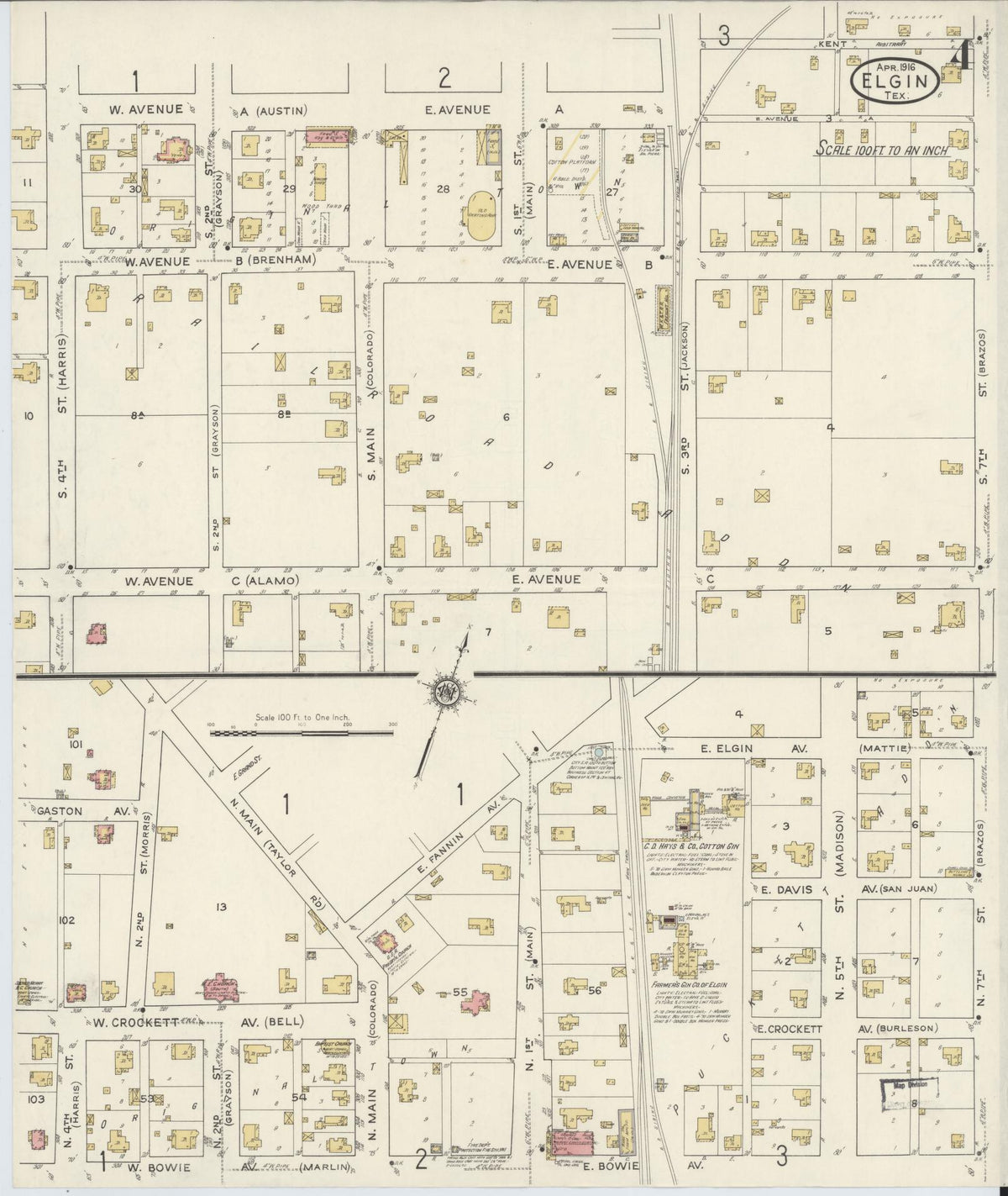 Sanborn Fire Insurance Map from Elgin, Bastrop County, Texas (1916), Sheet #0004 - Complete Map Set gallery image, historic Sanborn map, vintage wall art, Texas Texas