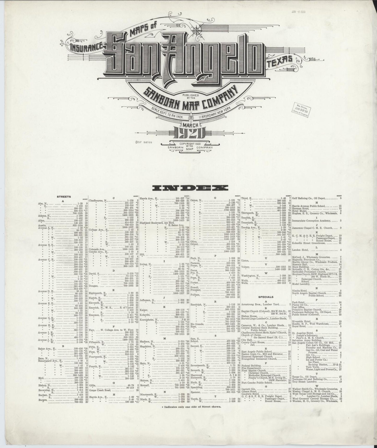 Sanborn Fire Insurance Map from San Angelo, Tom Green County, Texas. (1920) – Historic Sanborn Fire Insurance Map Print