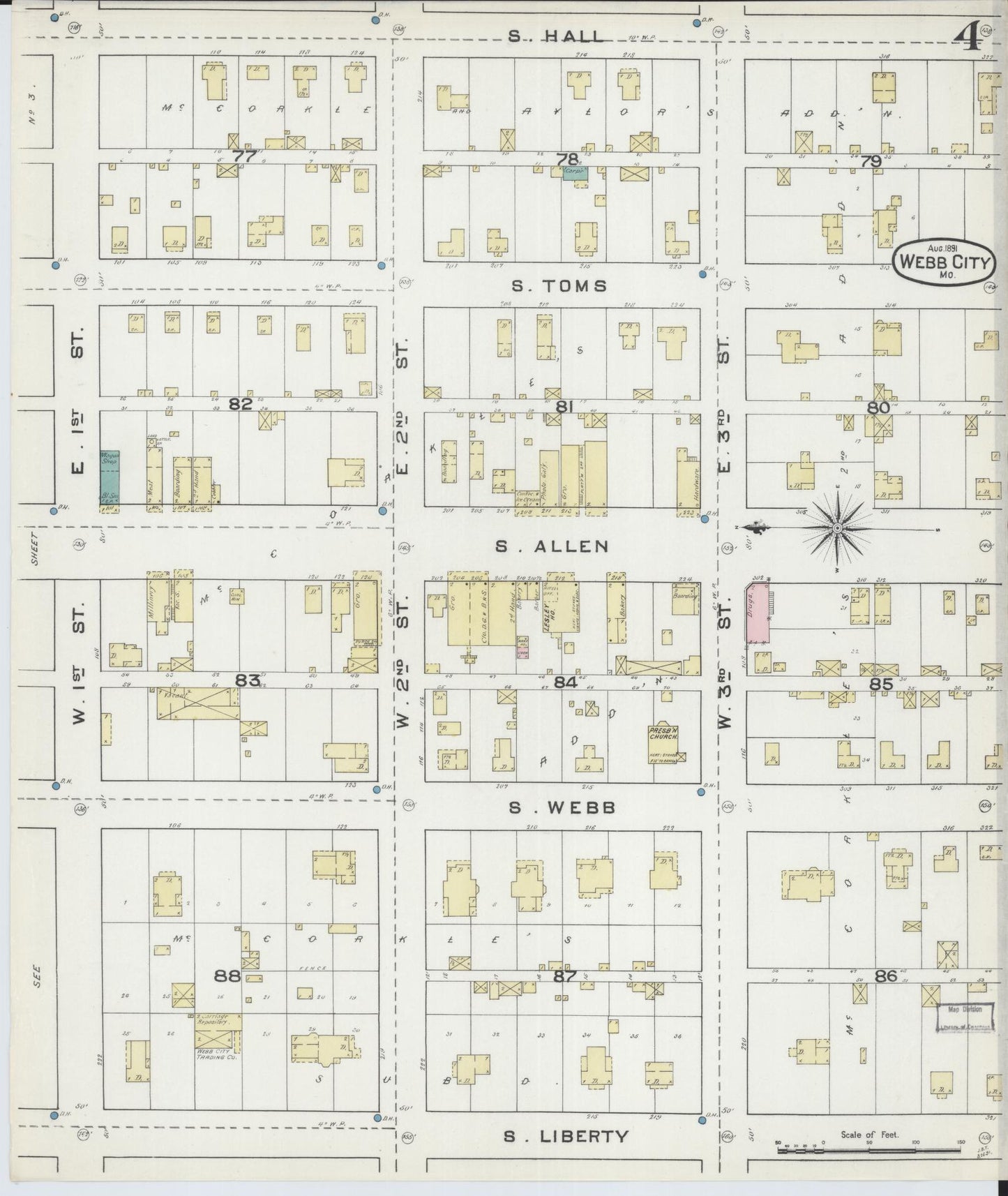 Sanborn Fire Insurance Map from Webb City, Jasper County, Missouri (1891), Sheet #0004 - Complete Map Set gallery image, historic Sanborn map, vintage wall art, Missouri Missouri