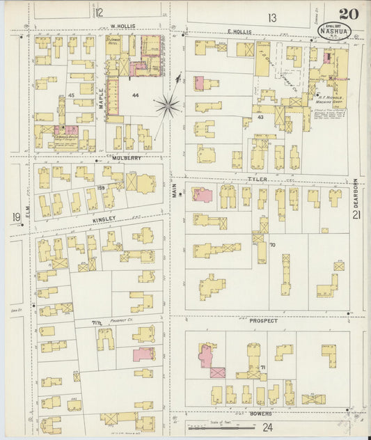 Sanborn Fire Insurance Map from Nashua, Hillsborough County, New Hampshire (1897), Sheet #0020 - Historic Sanborn Fire Insurance Map Print, vintage old map wall art, antique decor, genealogy gift, New Hampshire New Hampshire map